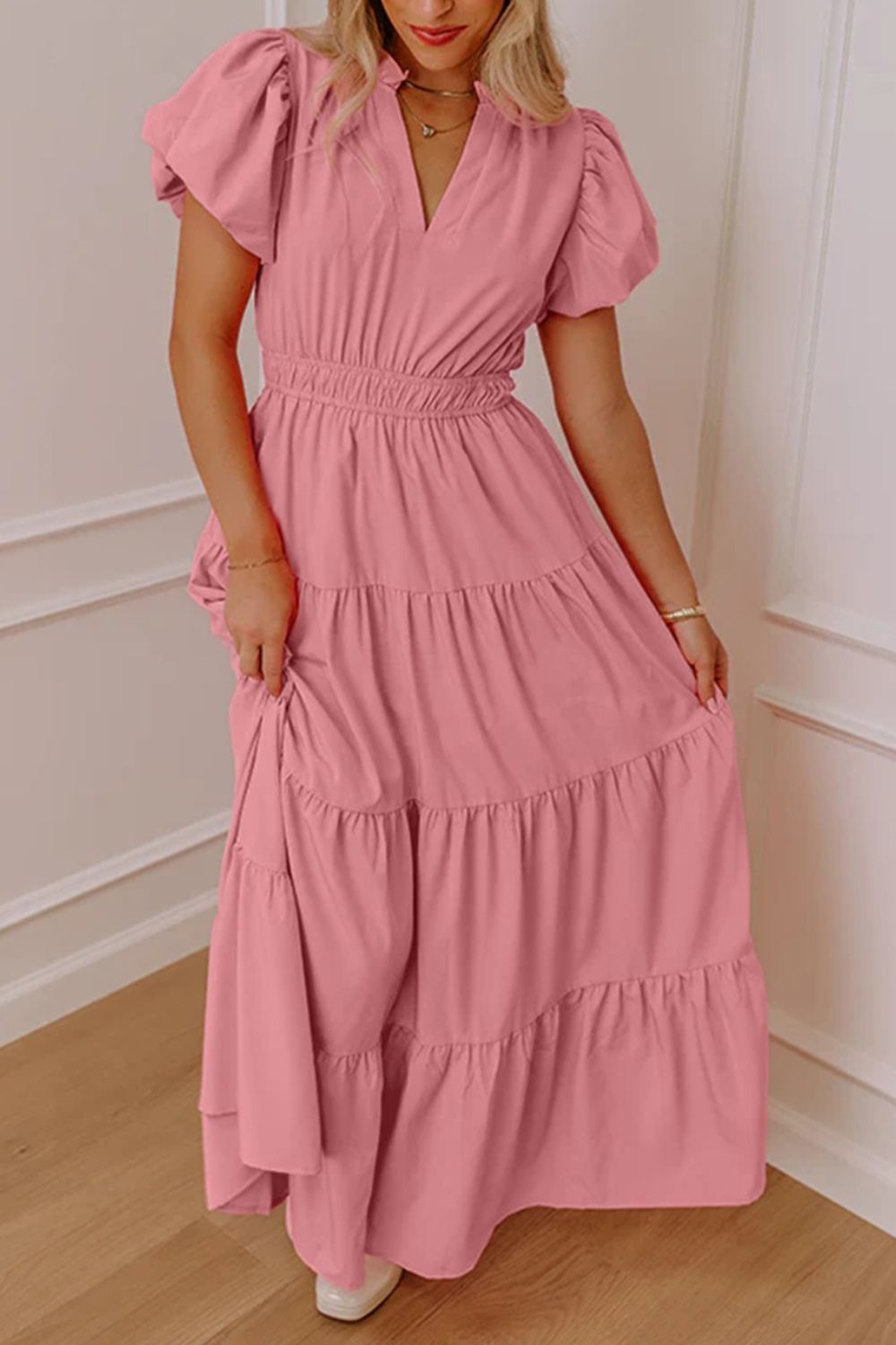 Ruffled Tiered Puff Sleeve Maxi Dress