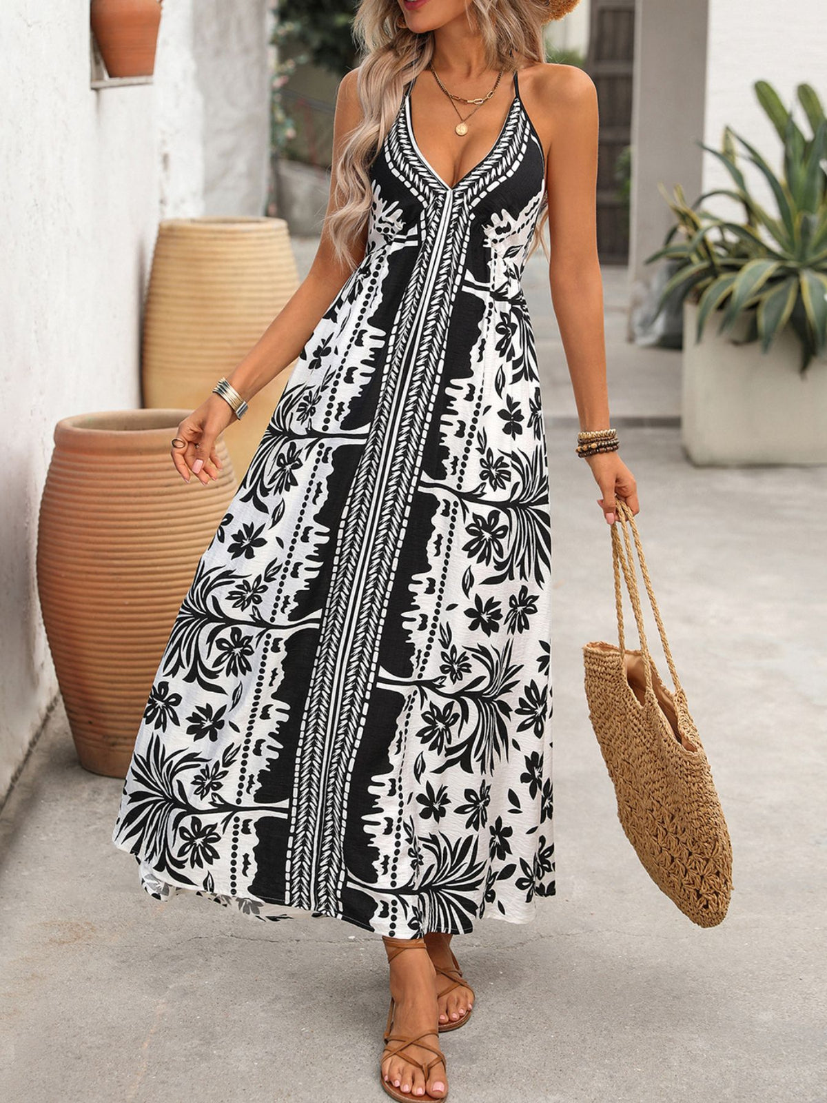 Printed Halter Neck Maxi Dress in White
