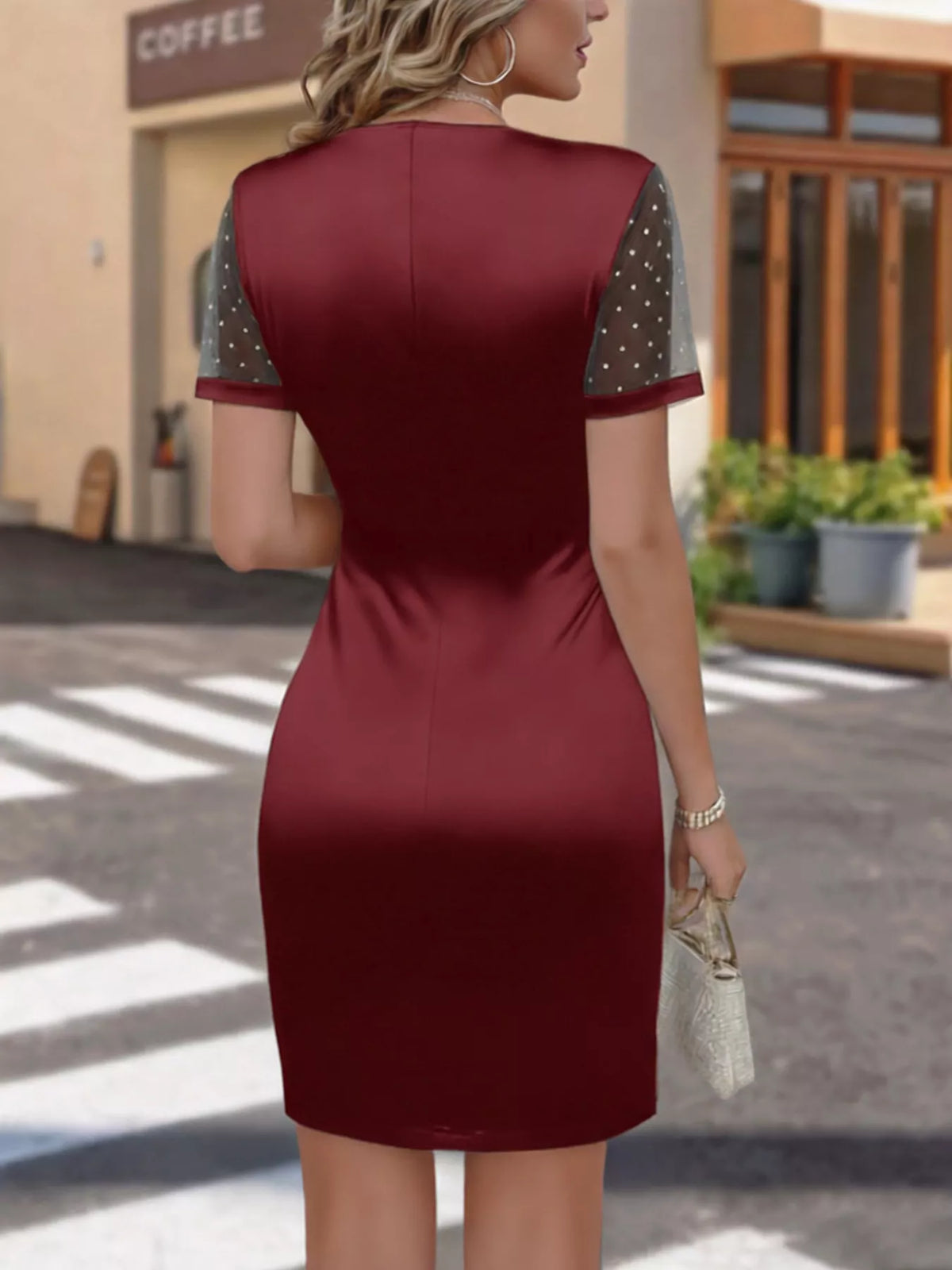 Ruched Satin Wrap Dress with Sheer Mesh Sleeves