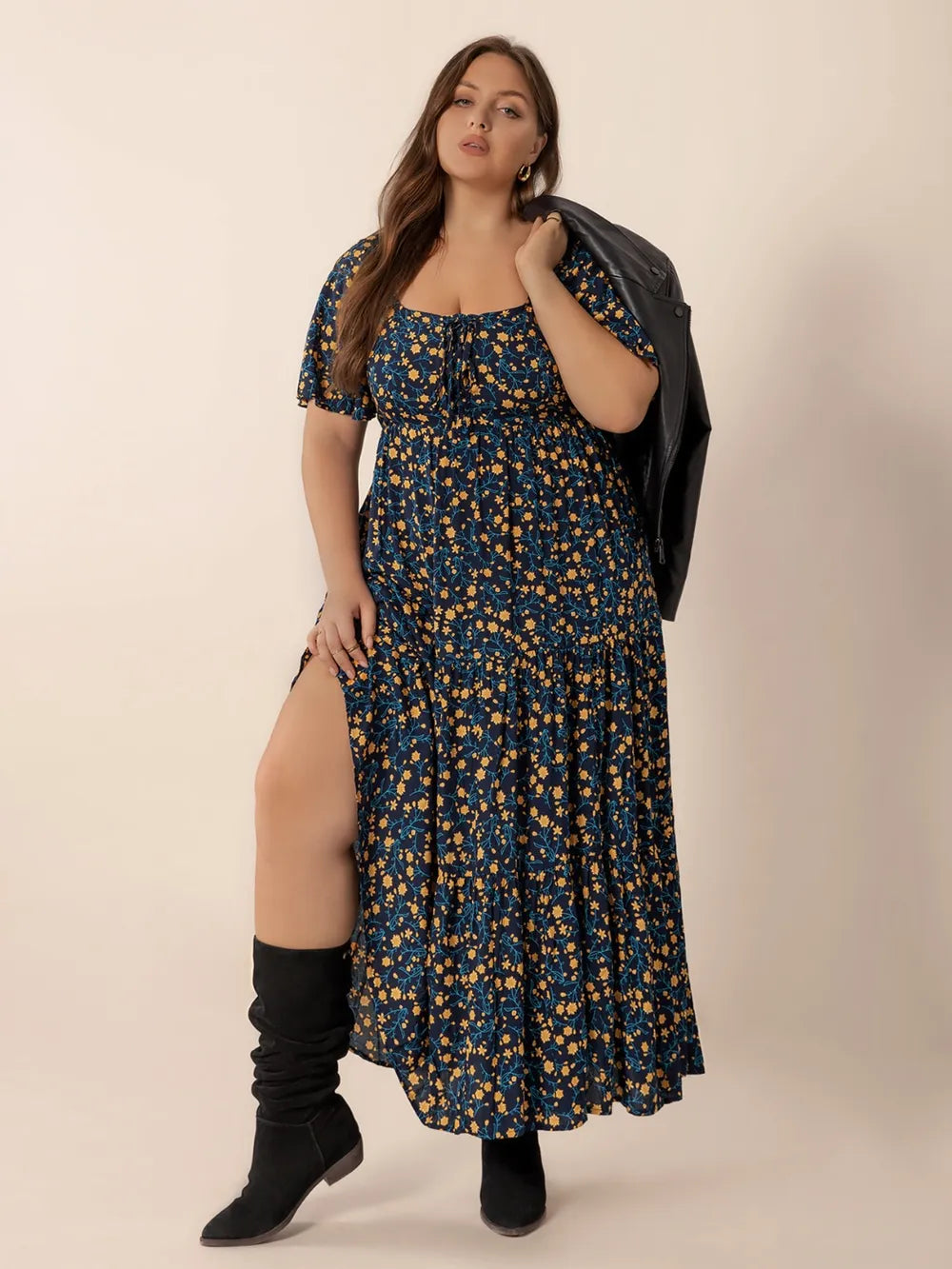 Printed Short-Sleeve Tiered Maxi Dress in Black