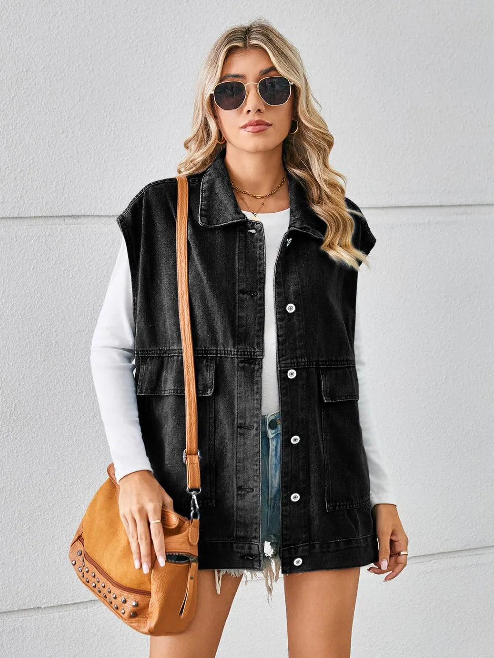 Pocketed Button Up Sleeveless Denim Jacket by Manny
