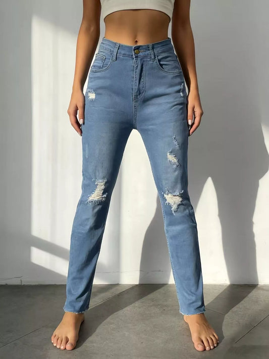 High-Waisted Distressed Jeans in Blue by Dreamy Drapes