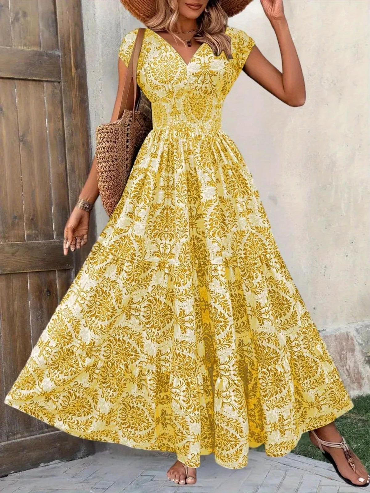 Printed Cap Sleeve Tiered Maxi Dress