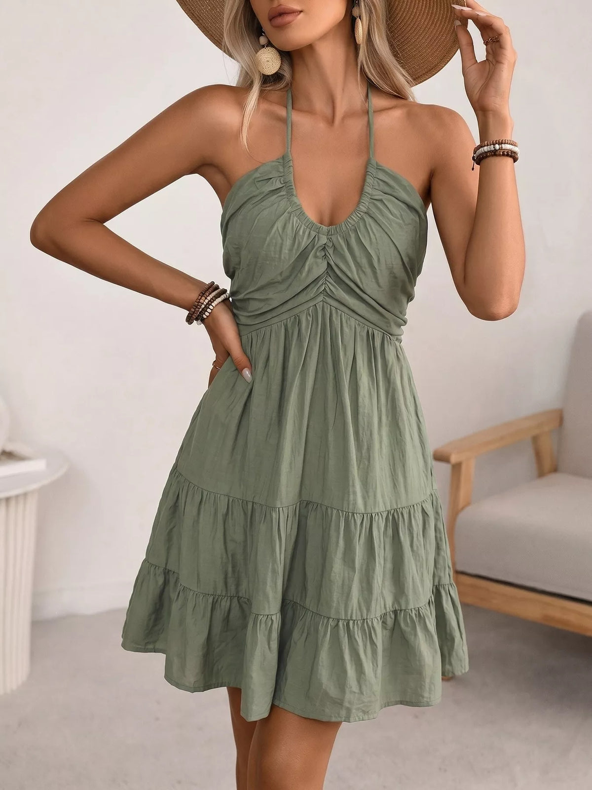 Halter Neck Tiered Mini Dress in Green