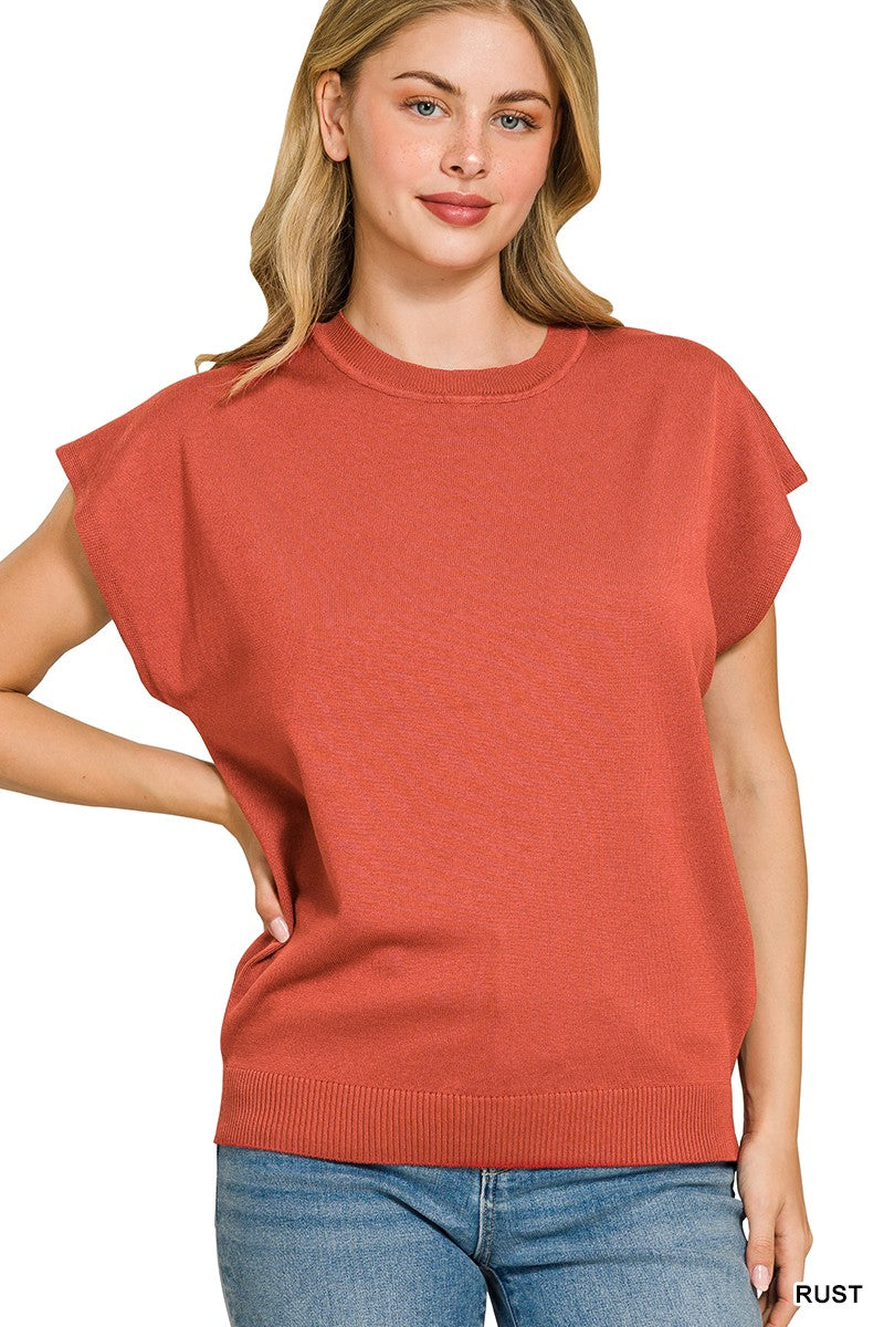 Zenana Round Neck Short Sleeve Sweater in Rust