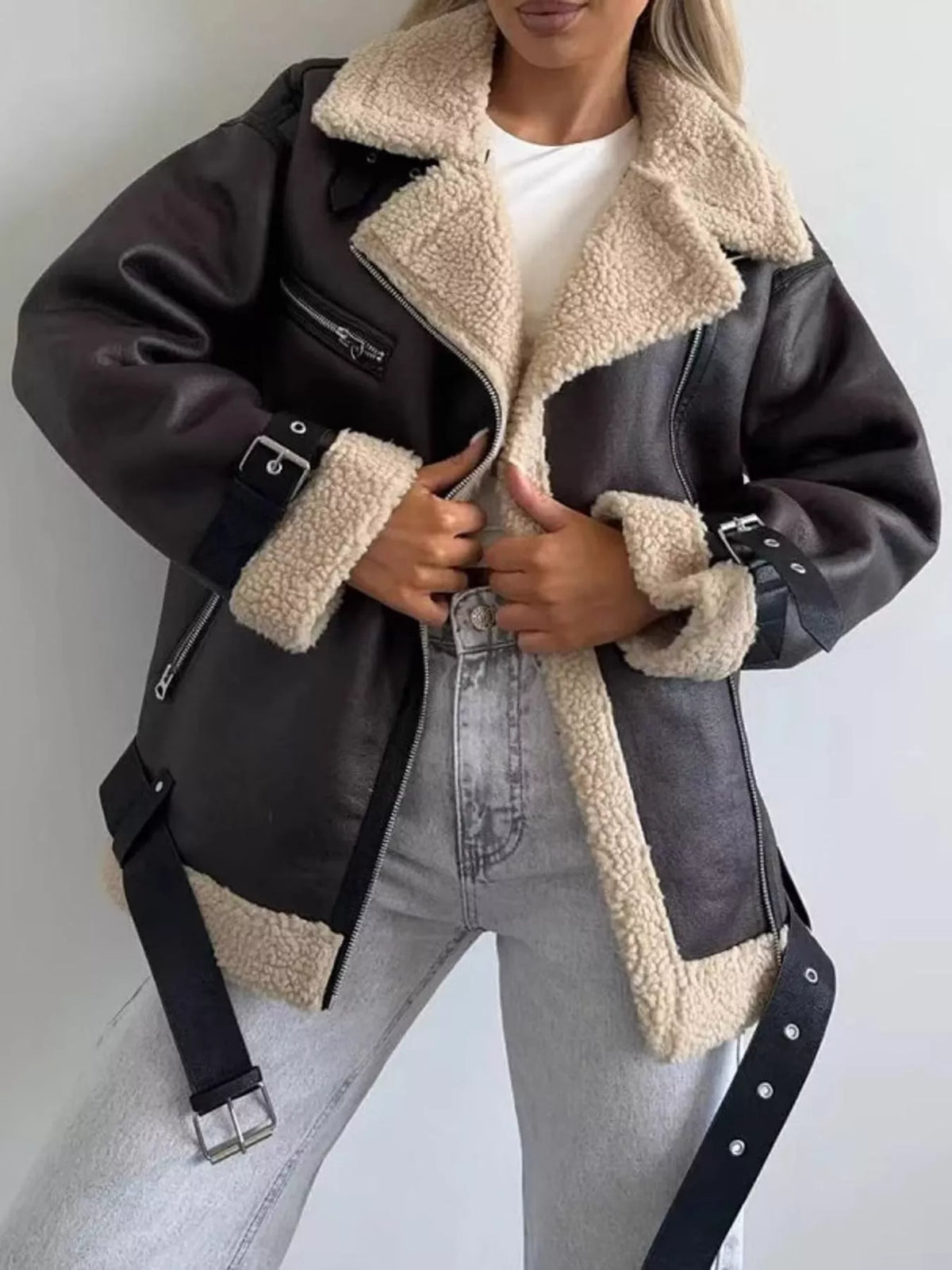 Faux Leather Zip-Up Jacket in Dark Brown