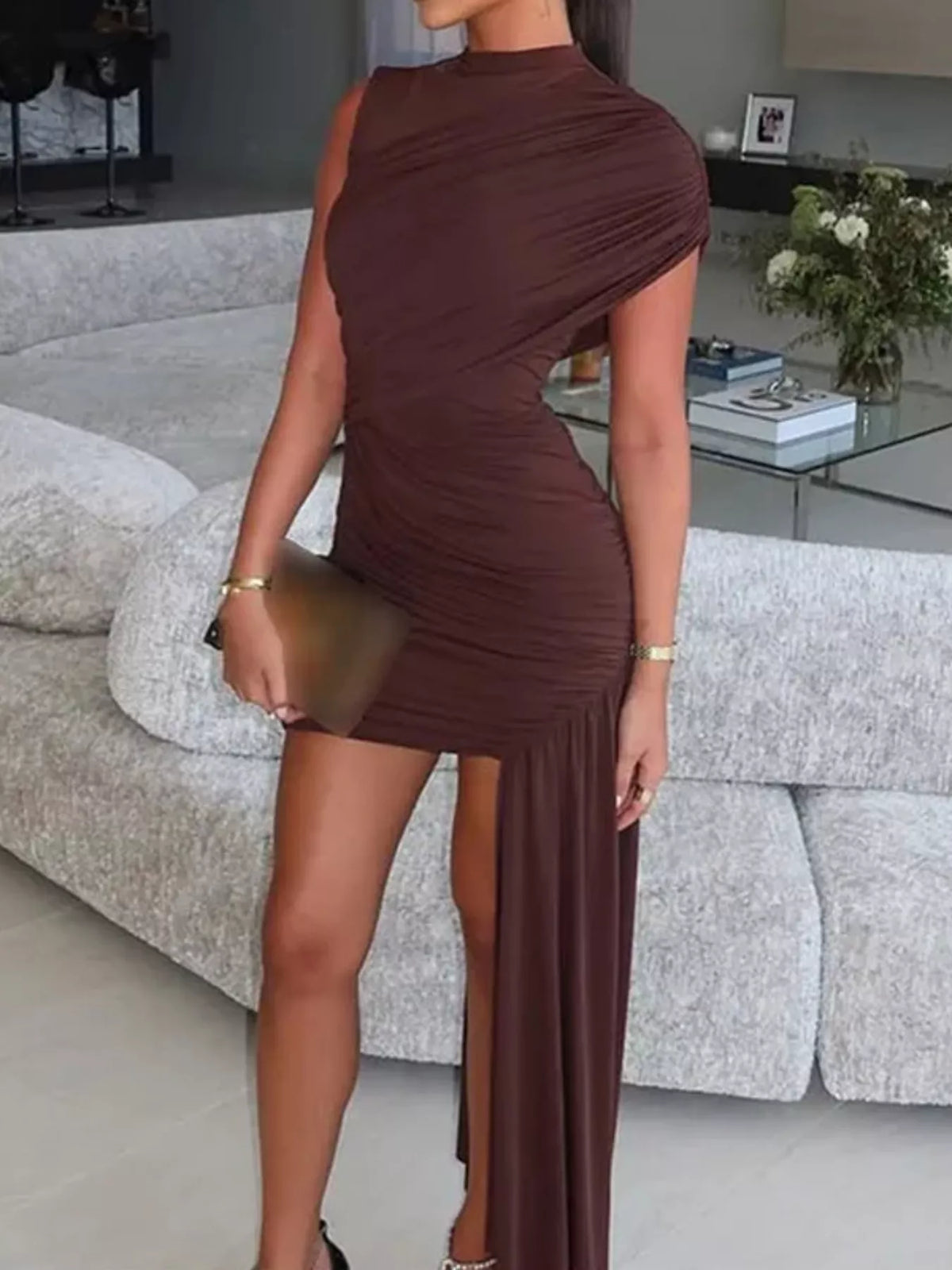 Ruched Mock Neck Dress in Dark Brown