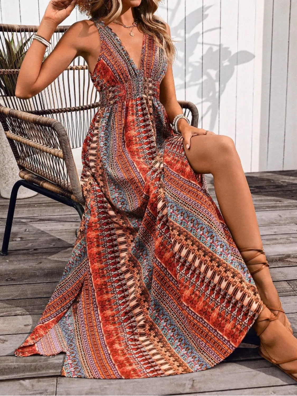 Tied-Back Printed Maxi Slit Dress