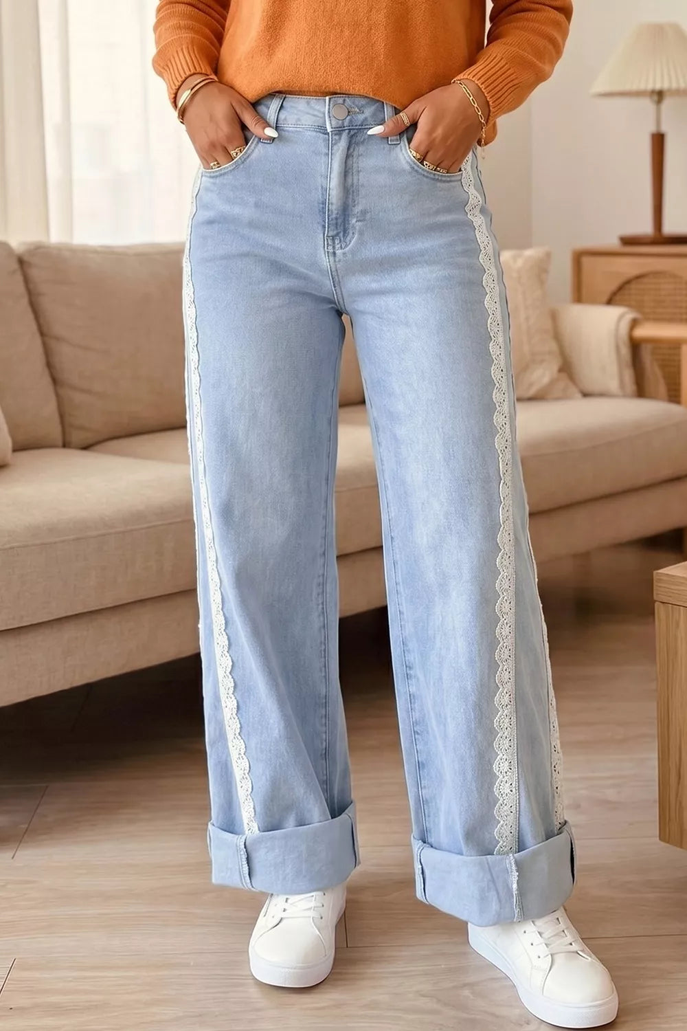 Light Blue Lace Trim Wide Leg Jeans