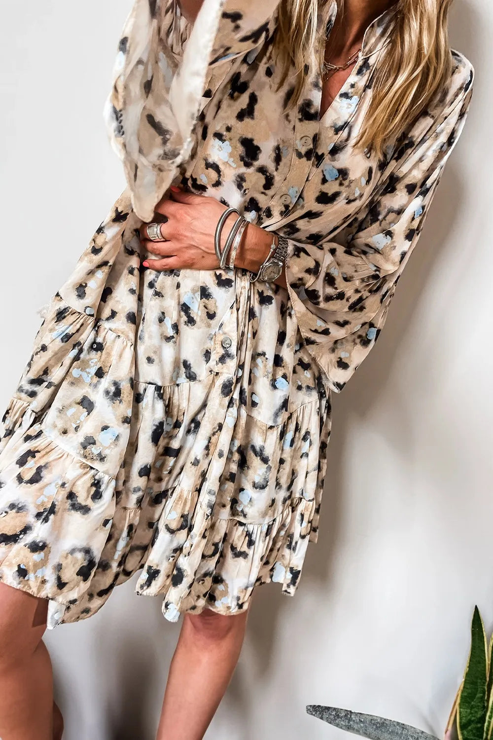 Leopard Print Buttoned Tiered Ruffle Dress