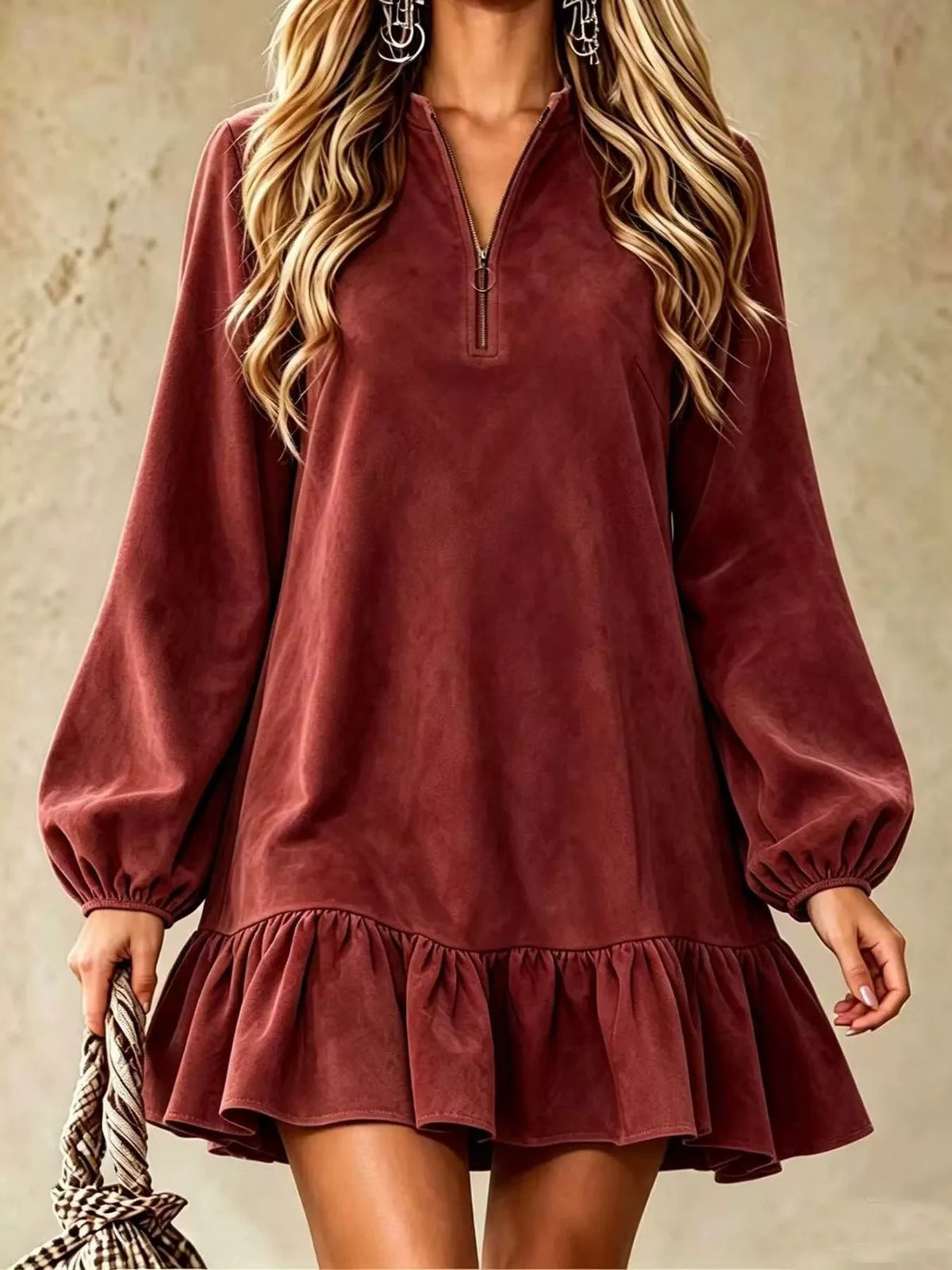 Quarter-Zip Ruffle Hem Mini Dress