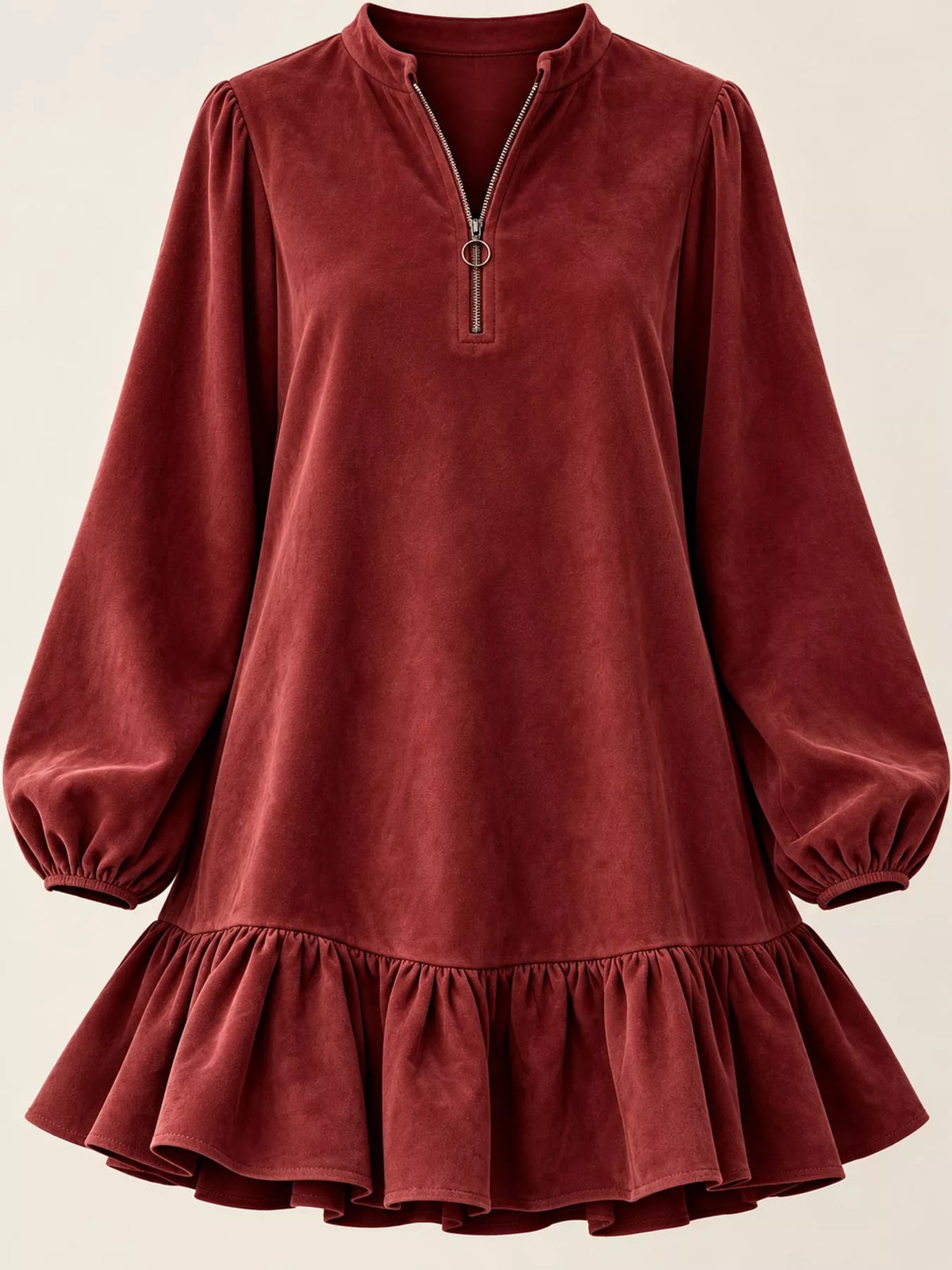 Quarter-Zip Ruffle Hem Mini Dress