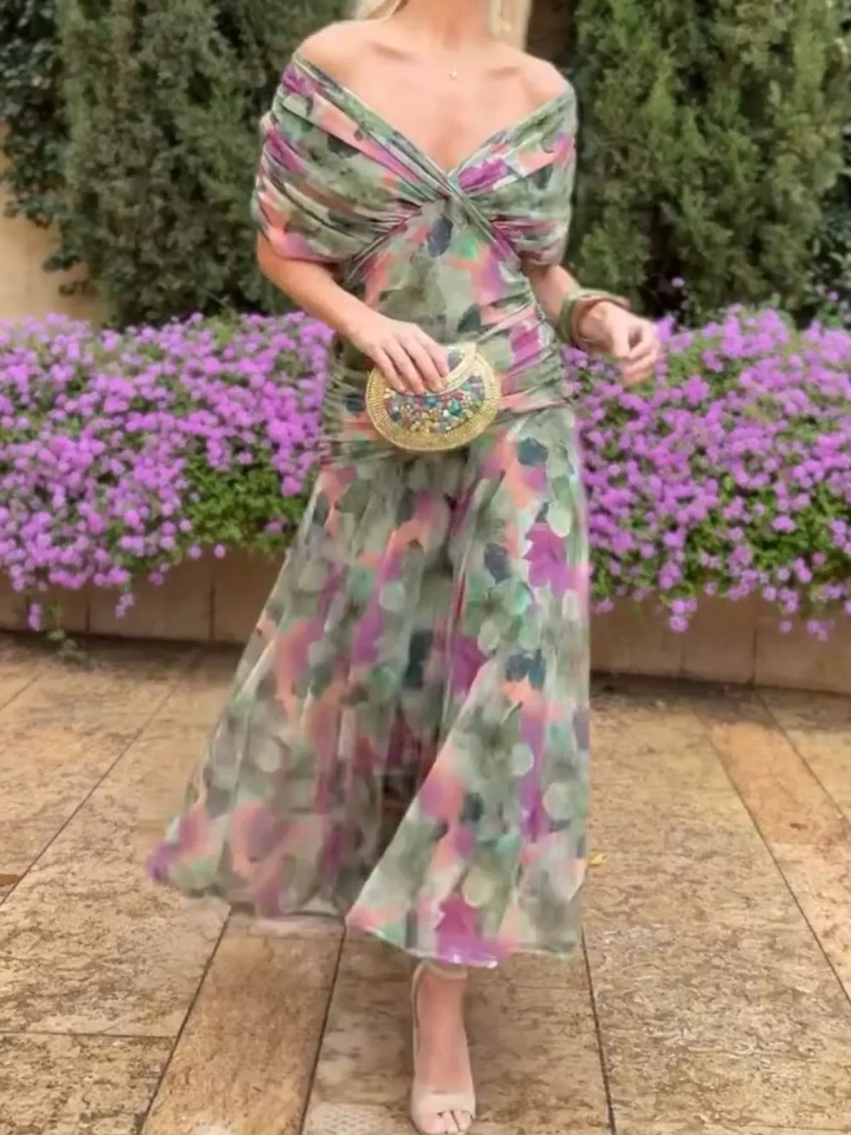 Off-Shoulder Mesh Ruched Maxi Dress, Plus Size