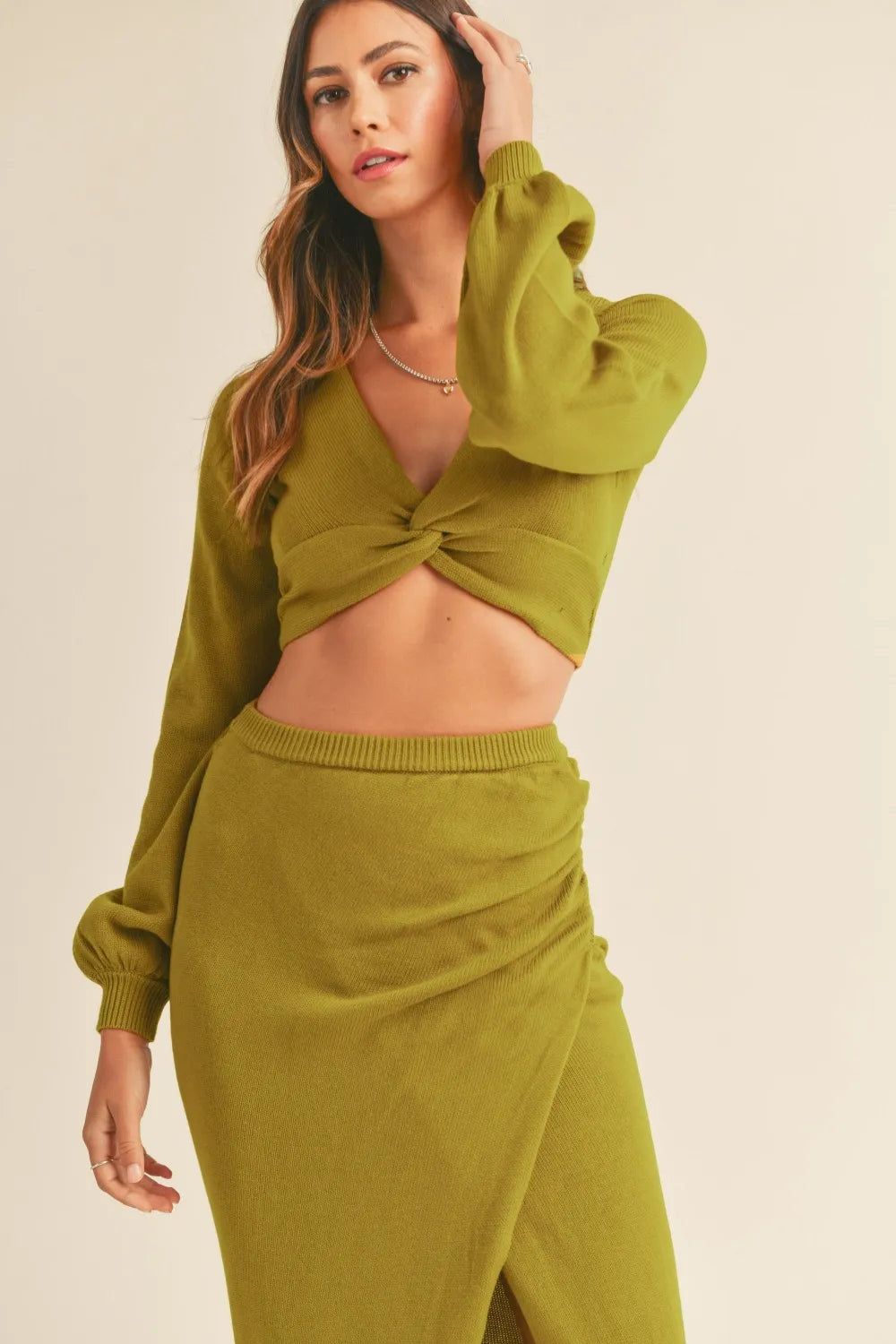 Front Twist Knit Top and Midi Skirt Set in Moss Green