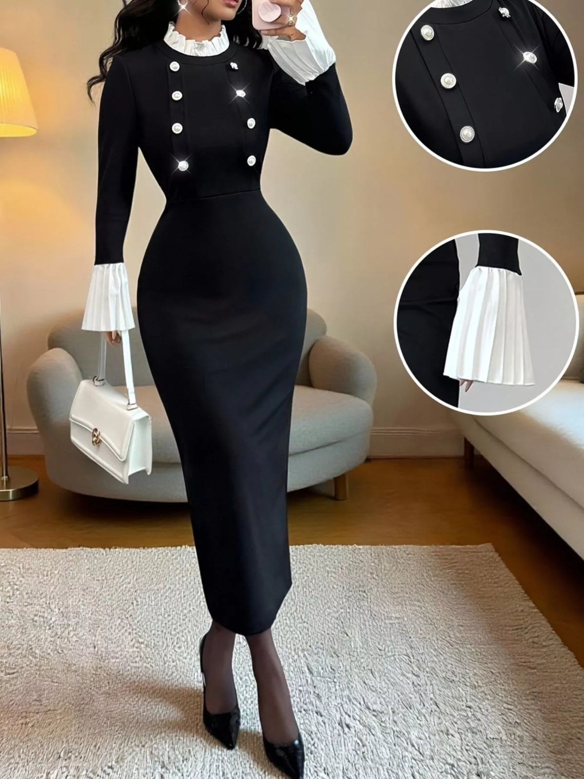 Two Tone Long Sleeve Midi Dress in Black