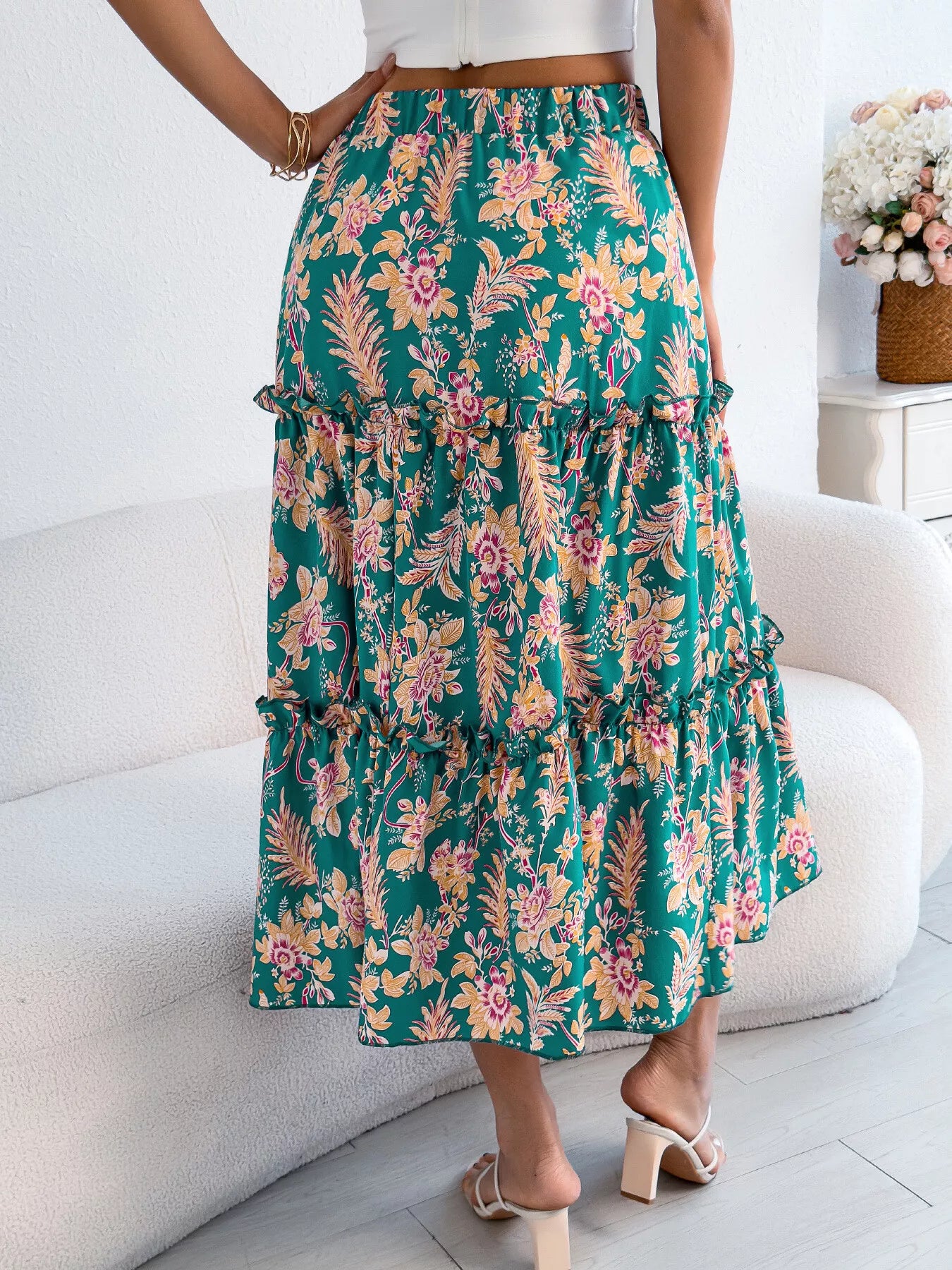 Floral Ruffle Hem Flowy Midi Skirt