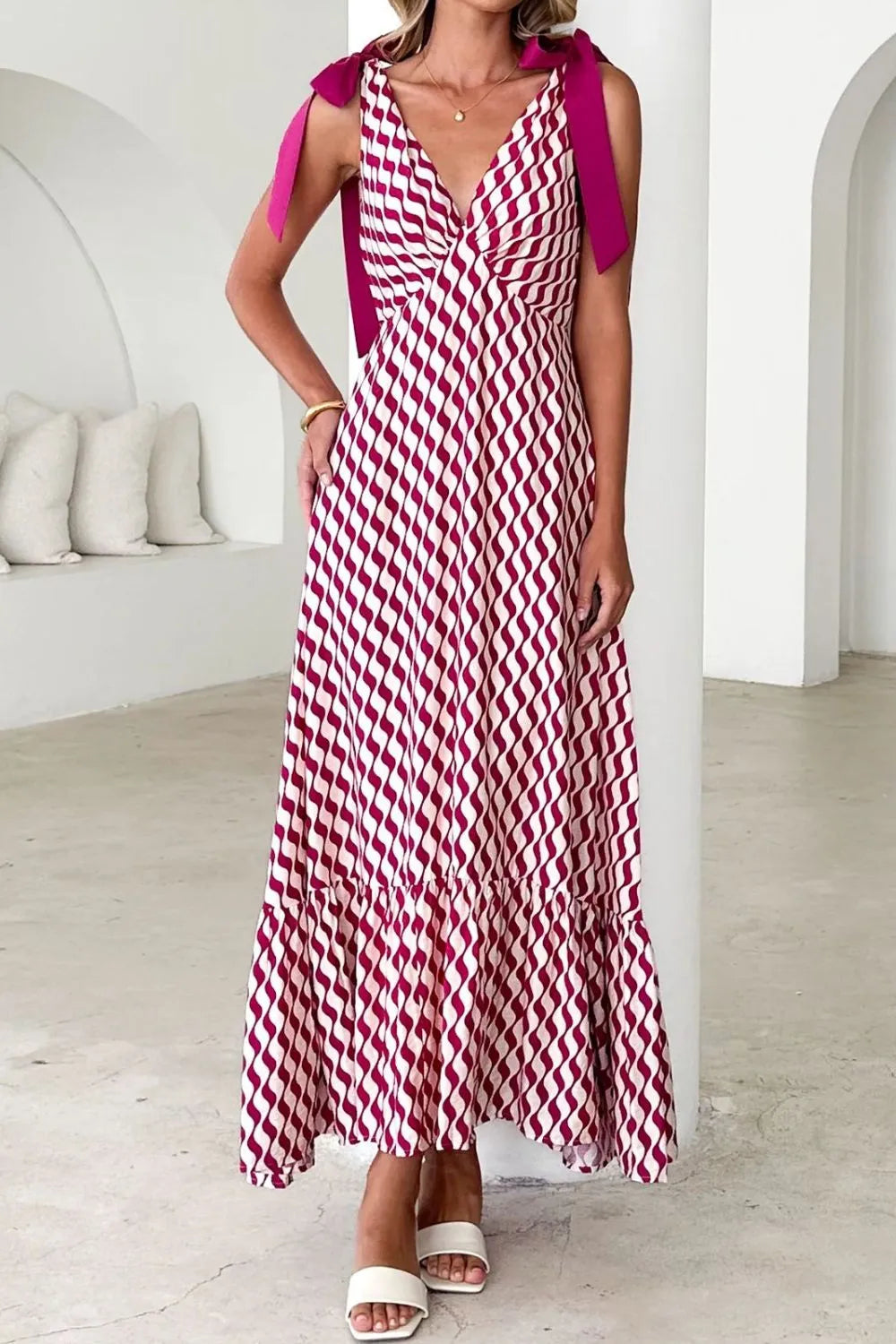 Printed Tie-Shoulder Ruched V-Neck Midi Dress
