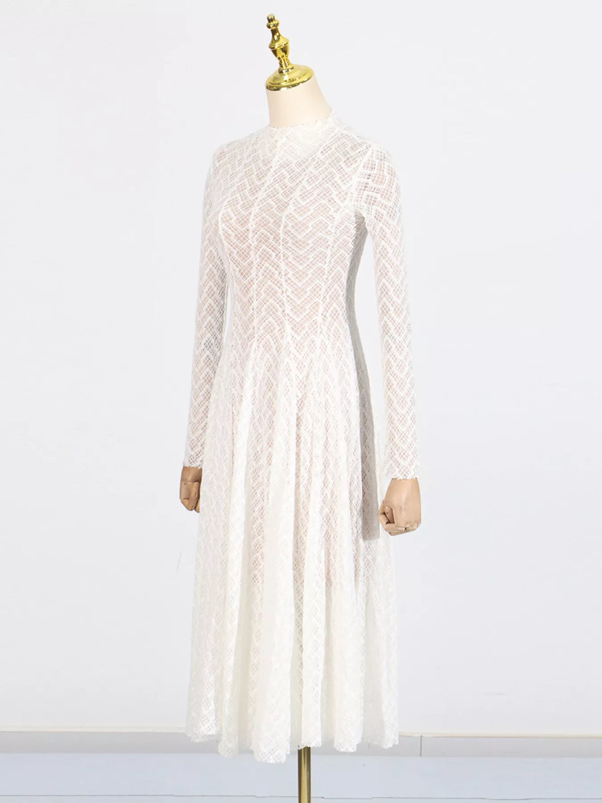 Lace Mock Neck Long Sleeve Maxi Dress in White