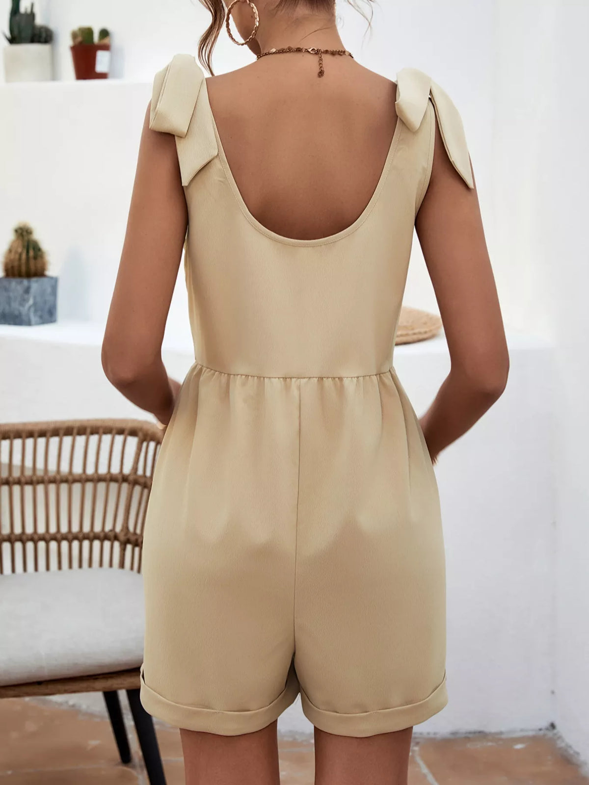 Tie Shoulder Romper with Front Pockets in Tan