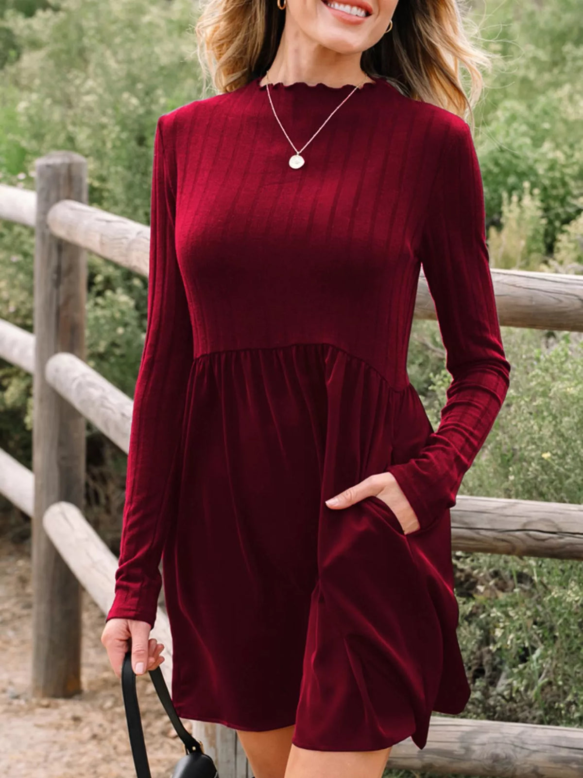 Frilled Neck Patchwork Mini Dress in Burgundy