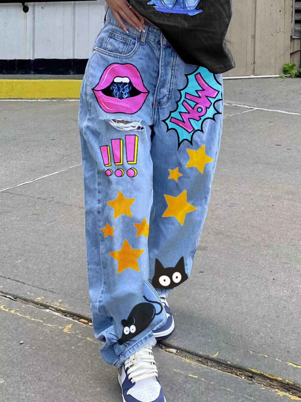 Pop Art Print Loose Fit Jeans in Light Blue