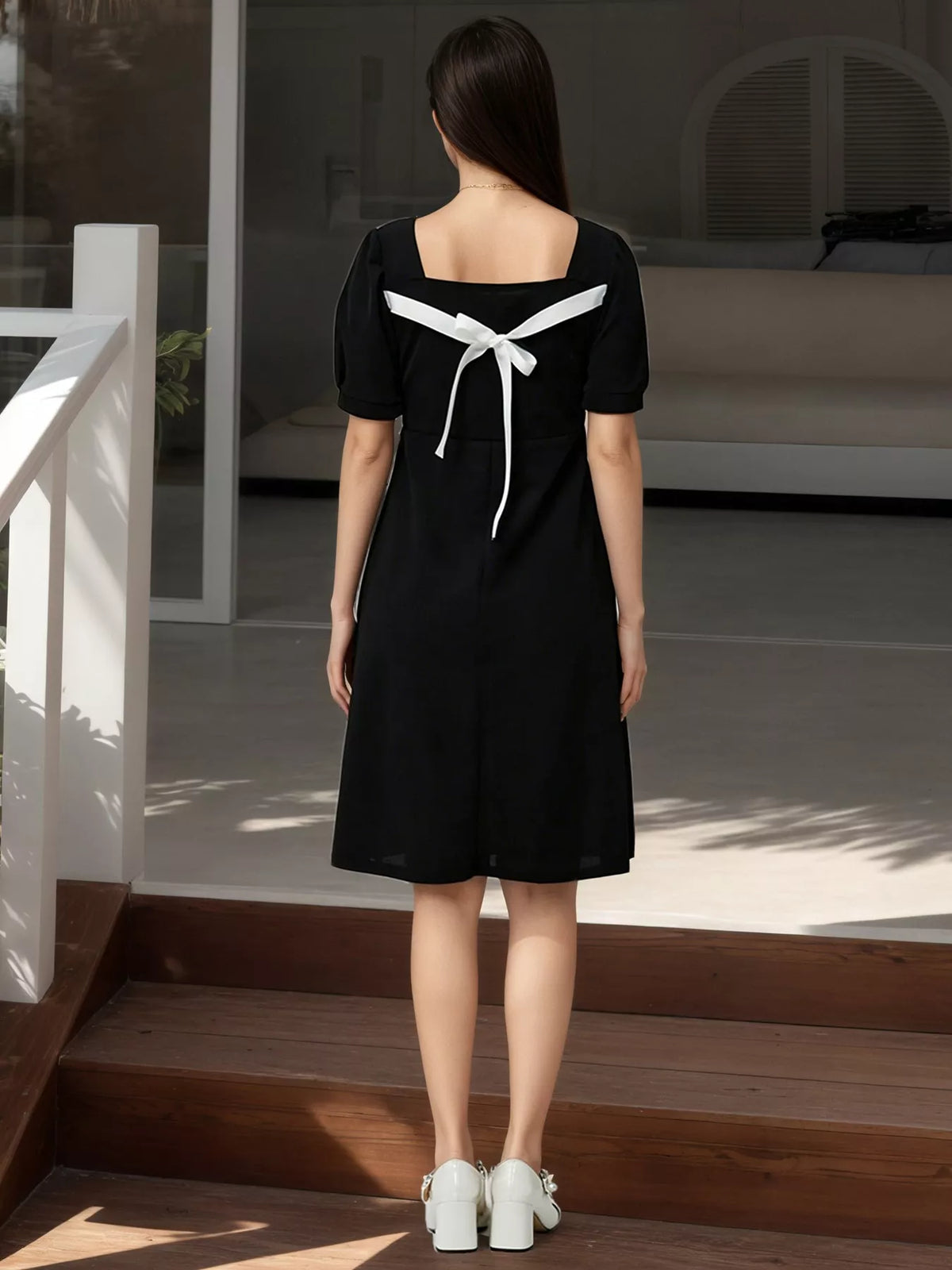 Puff Sleeve Bow Back Mini Dress in Black
