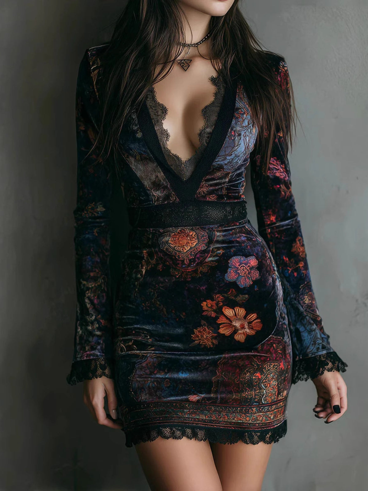 Floral Velvet Mini Dress with Lace Detail
