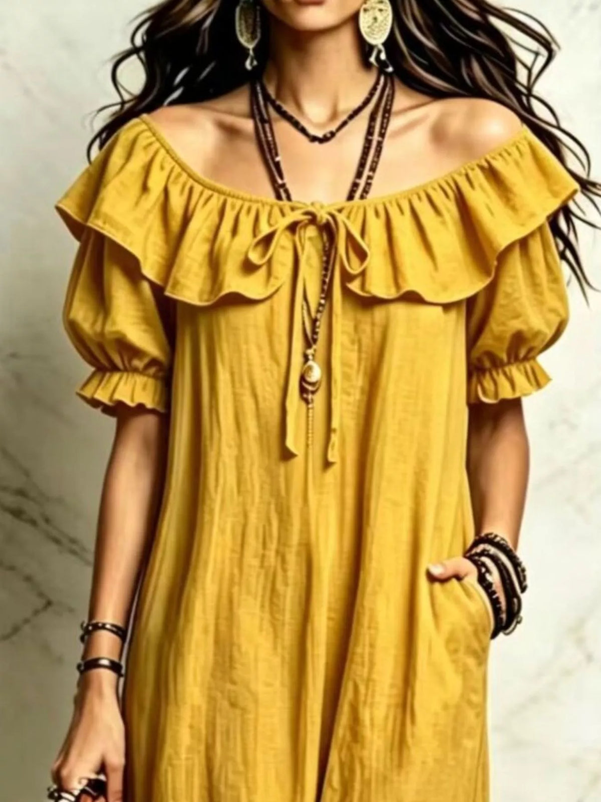 Puff Sleeve Ruffle Trim Maxi Dress