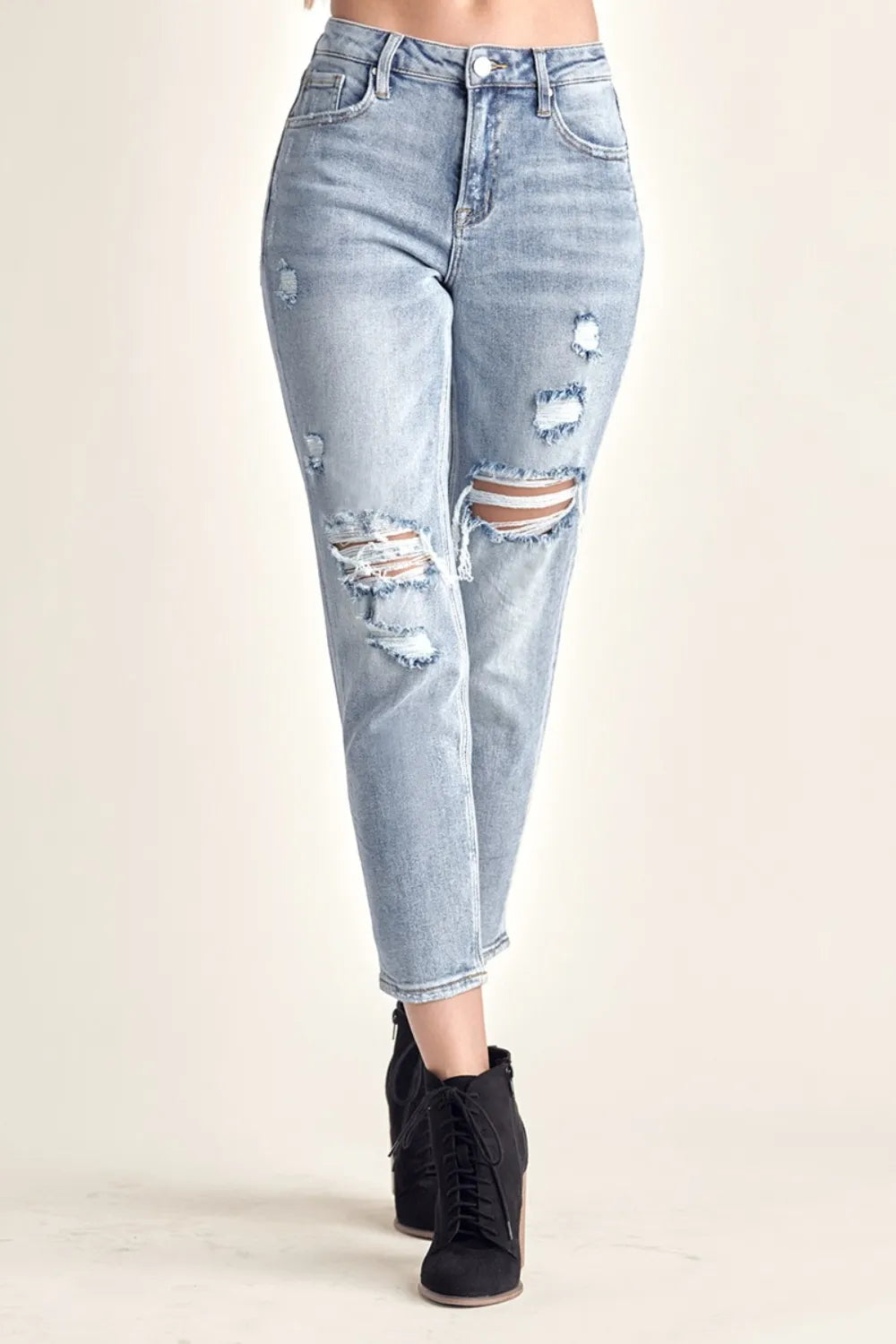 Risen Distressed Slim Cropped Jeans in Medium