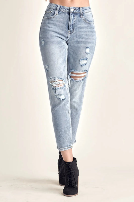Risen Distressed Slim Cropped Jeans in Medium