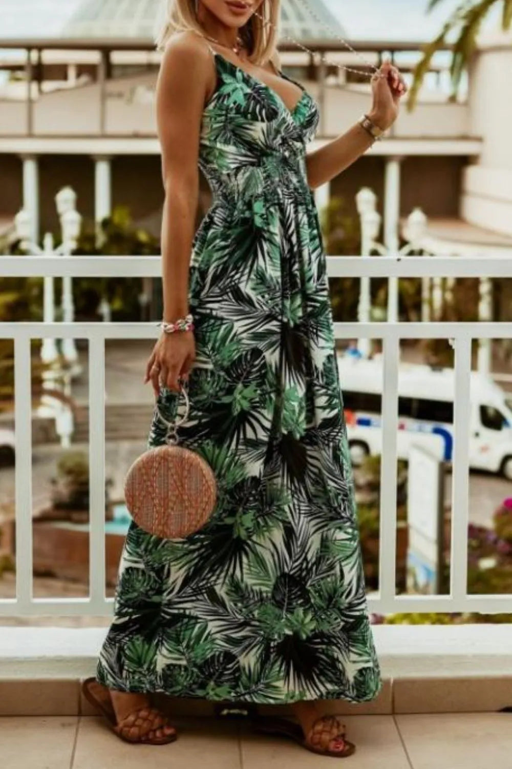 Smocked Spaghetti-Strap Printed Maxi Dress