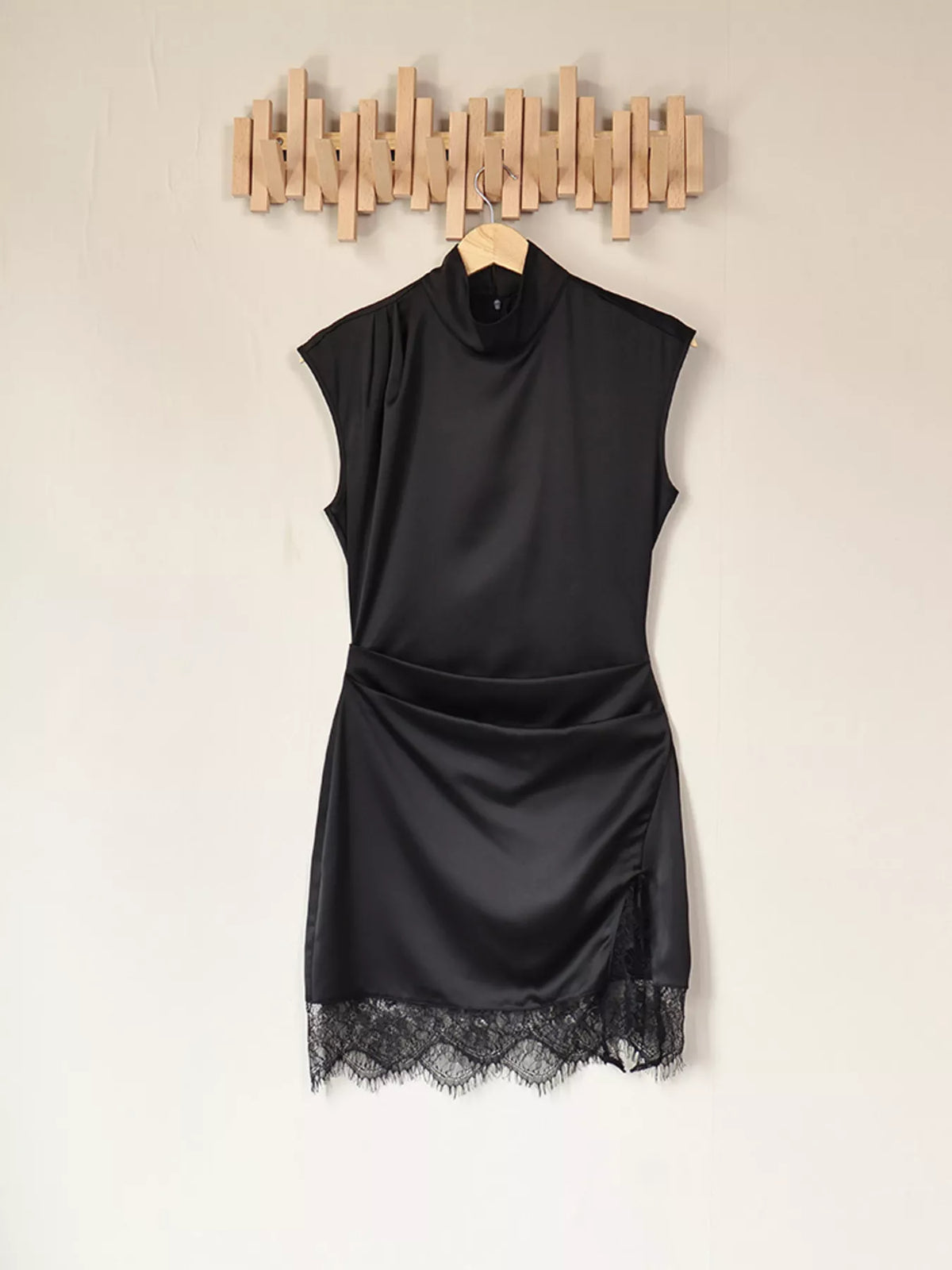 Satin Mock Neck Sleeveless Mini Dress with Lace Hem in Black