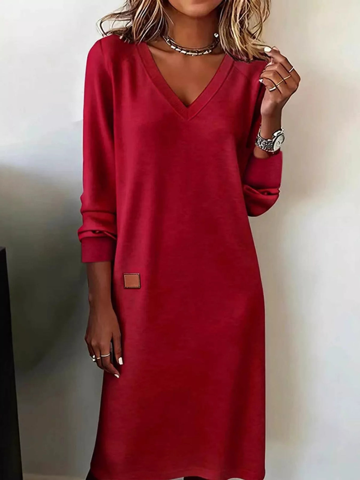 V-Neck Long Sleeve Midi Dress