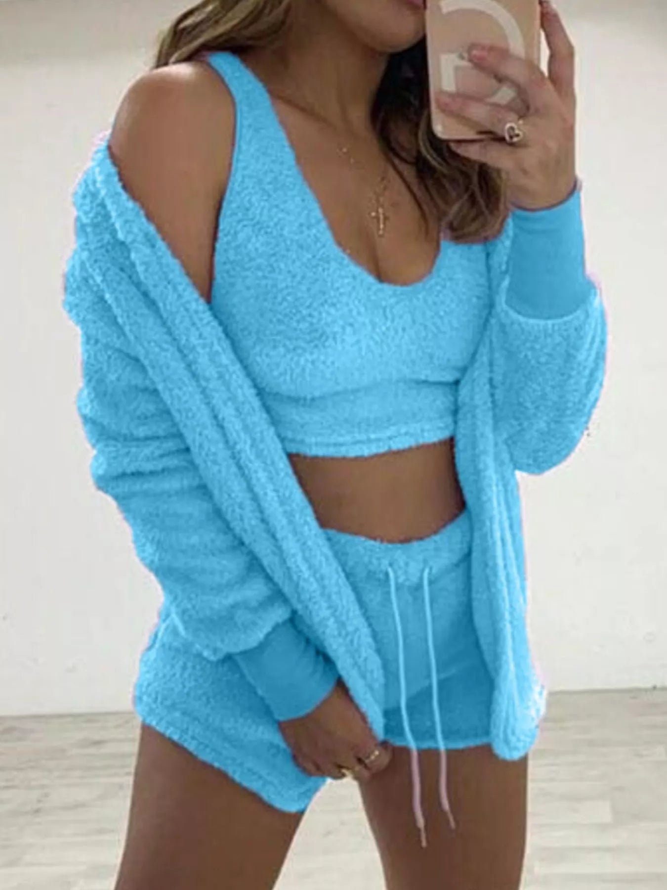Fuzzy Tank, Cardigan & Shorts Three-Piece Set