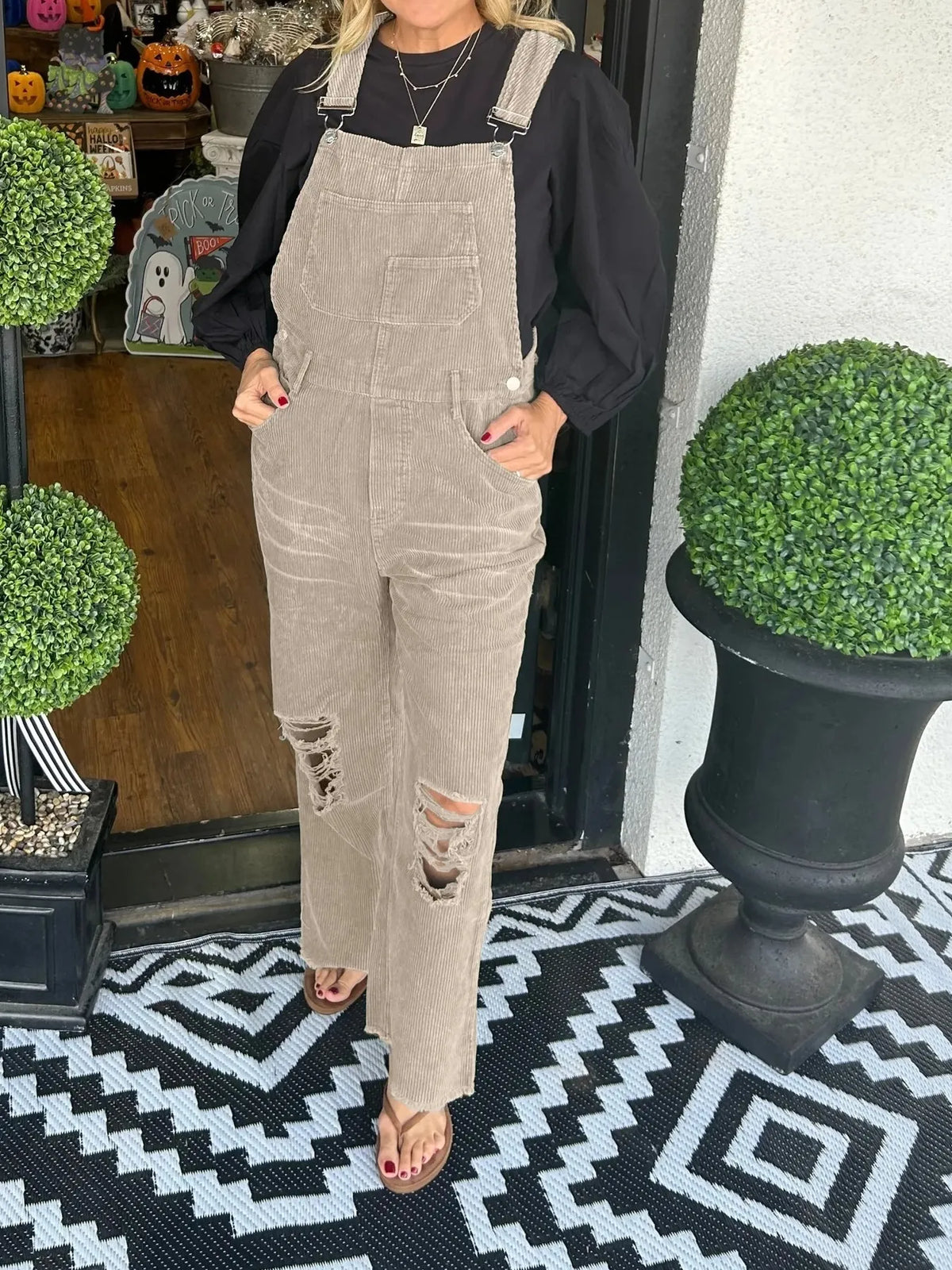 Distressed Wide Leg Corduroy Overalls