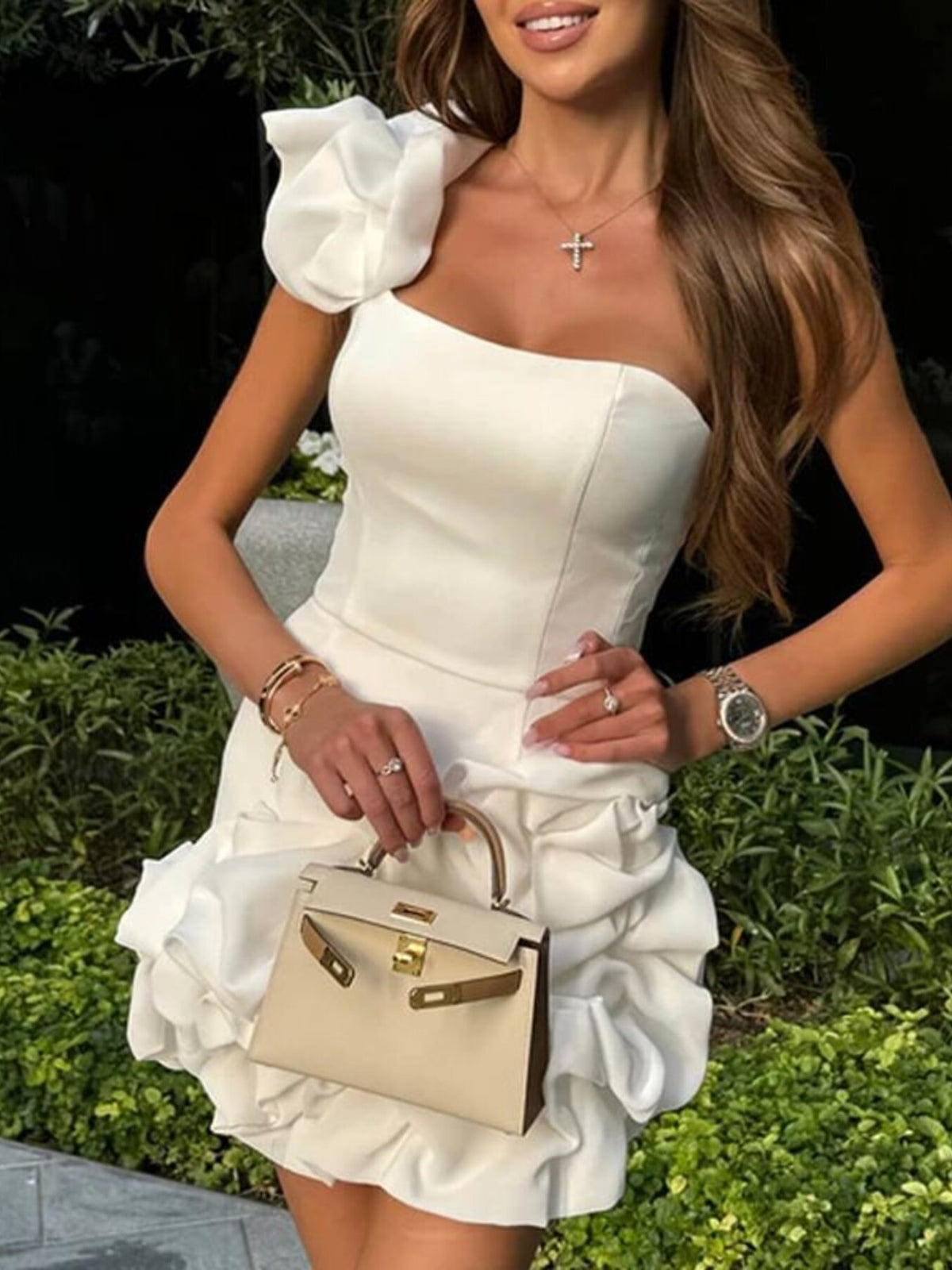 One-Shoulder Ruffle Mini Dress in White
