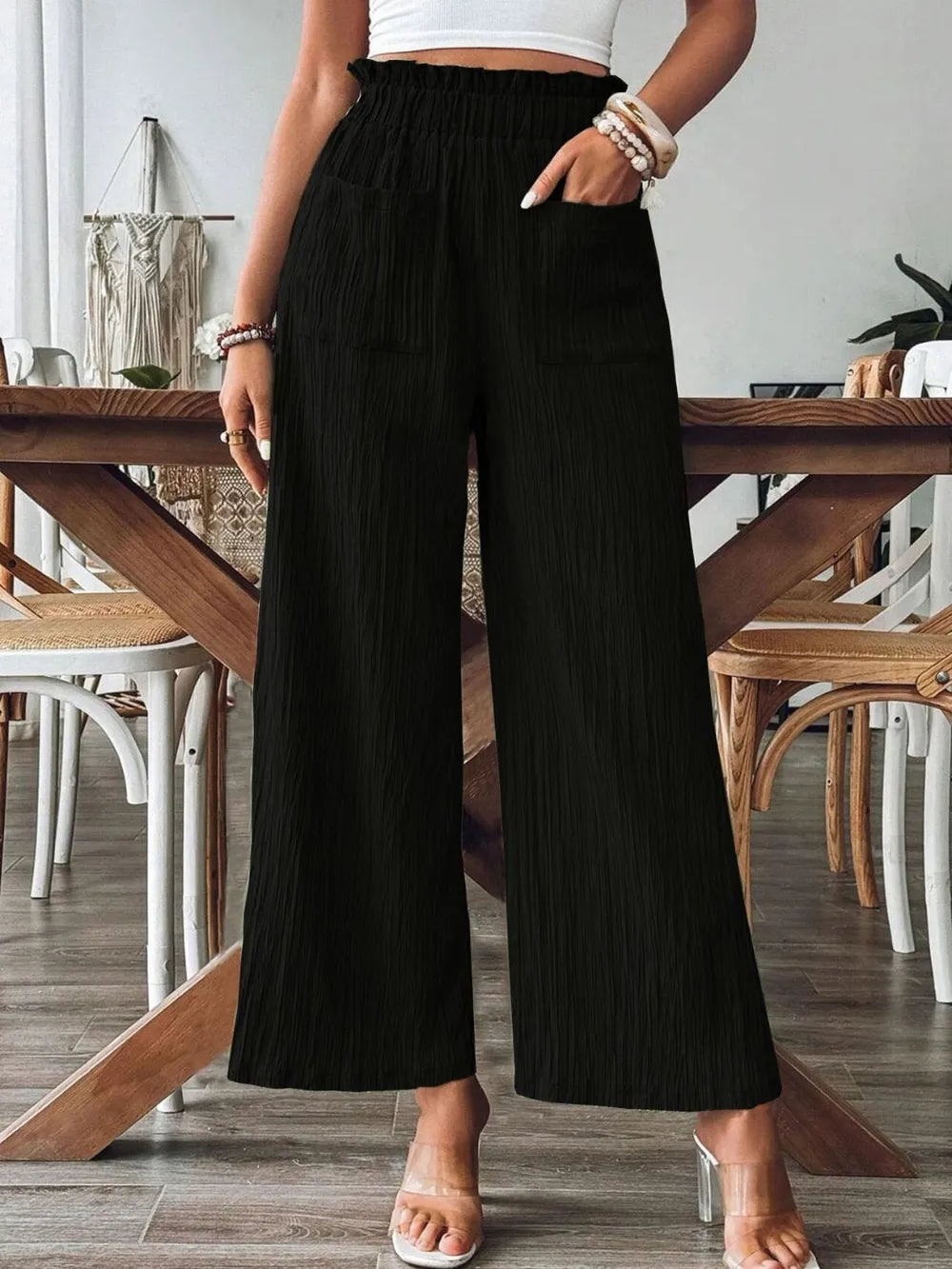 Elastic Waist Wide Leg Pants with Pockets