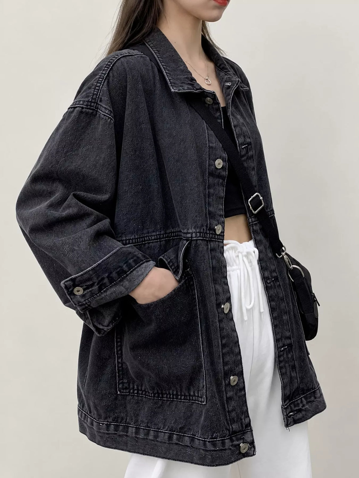 Oversized Denim Jacket with Utility Pockets