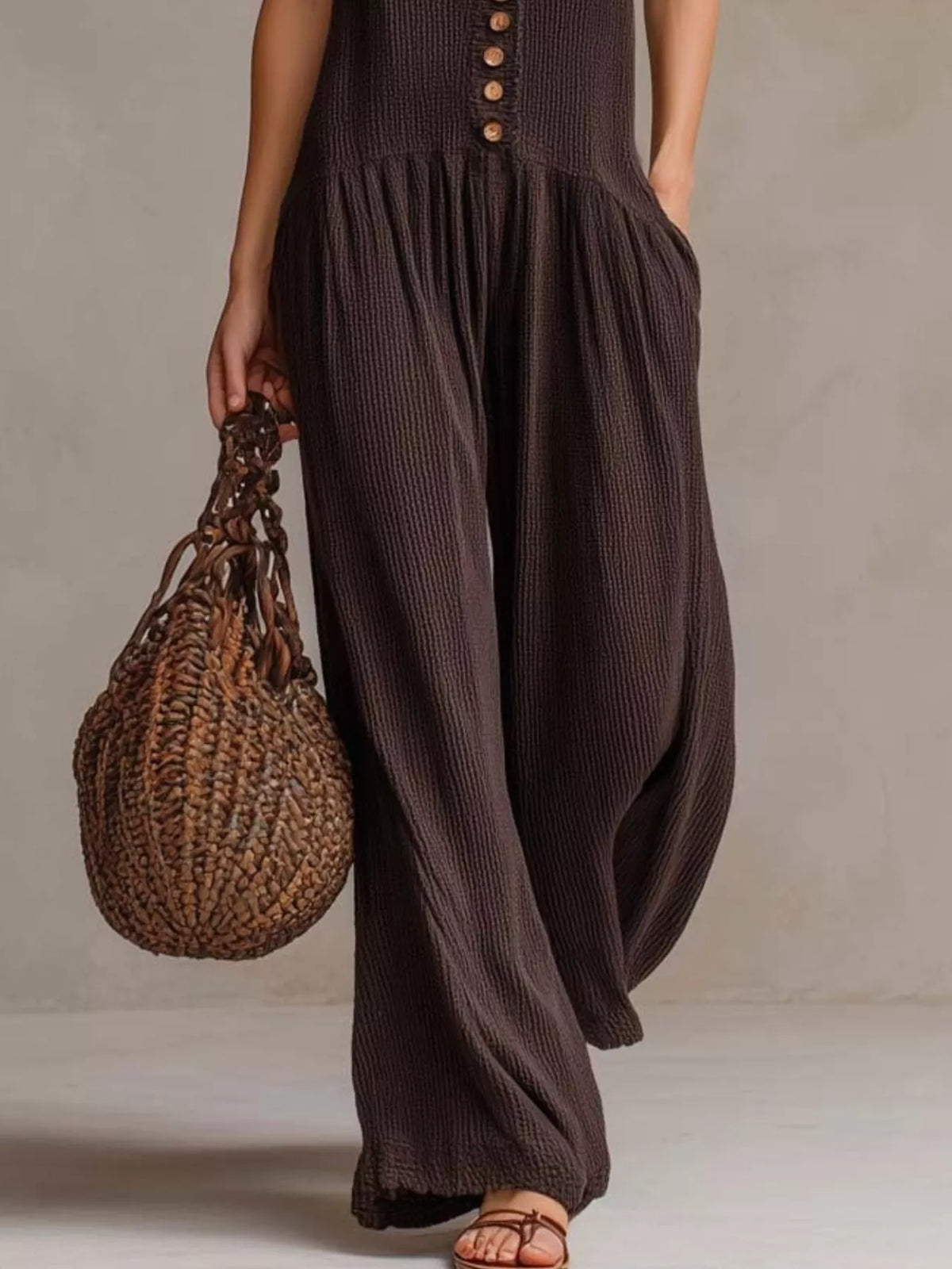Ruched V-Neck Sleeveless Wide Leg Jumpsuit