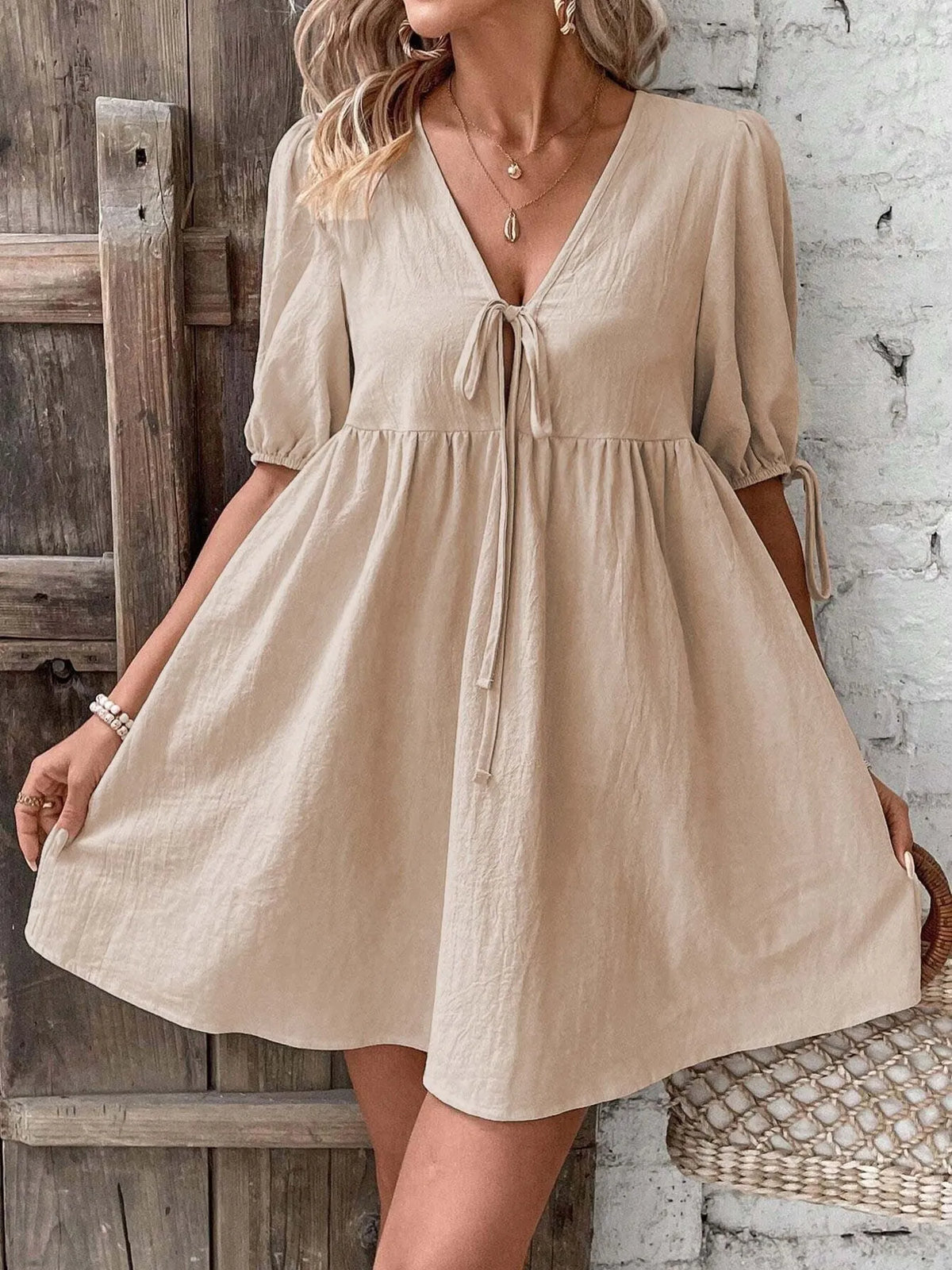 V-Neck Tie-Front Mini Dress with Puff Sleeves