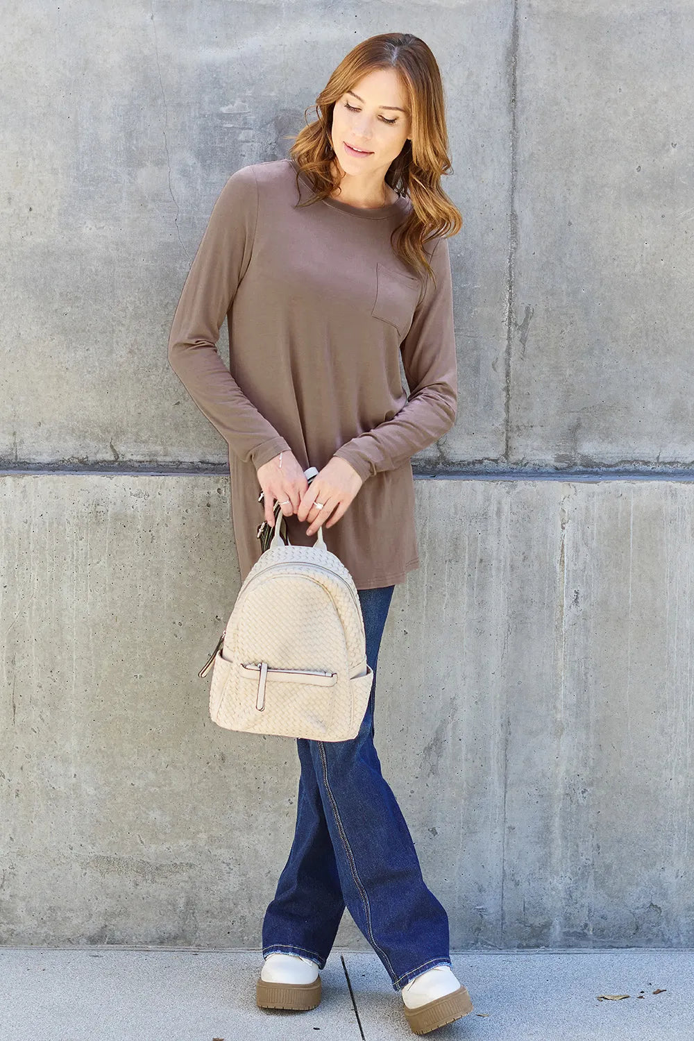 Basic Bae Pocketed Round Neck Long Sleeve Top