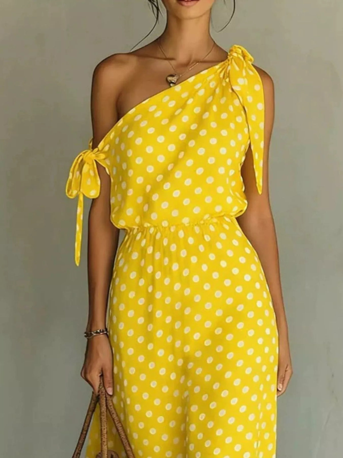 Polka Dot One-Shoulder Maxi Dress with Tie Detail