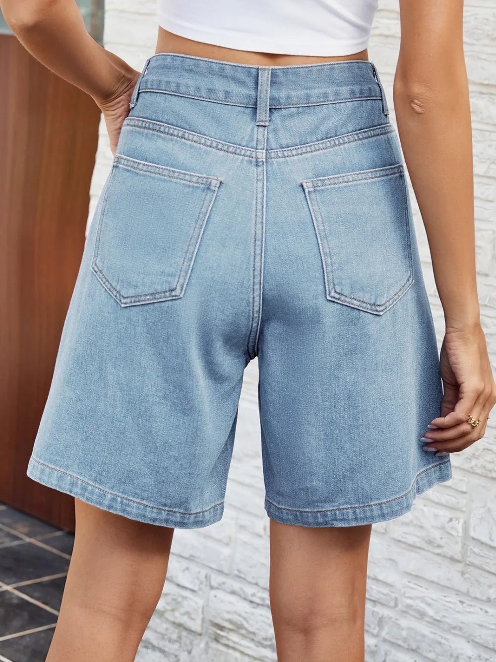 High Waist Button-Front Denim Shorts with Pockets by Manny