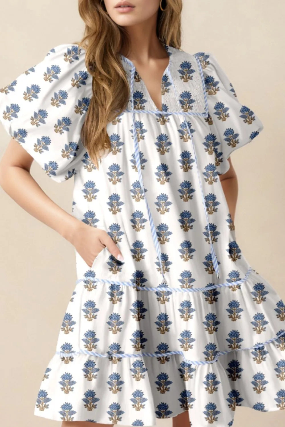 Floral Puff Sleeve Mini Dress in Dusty Blue