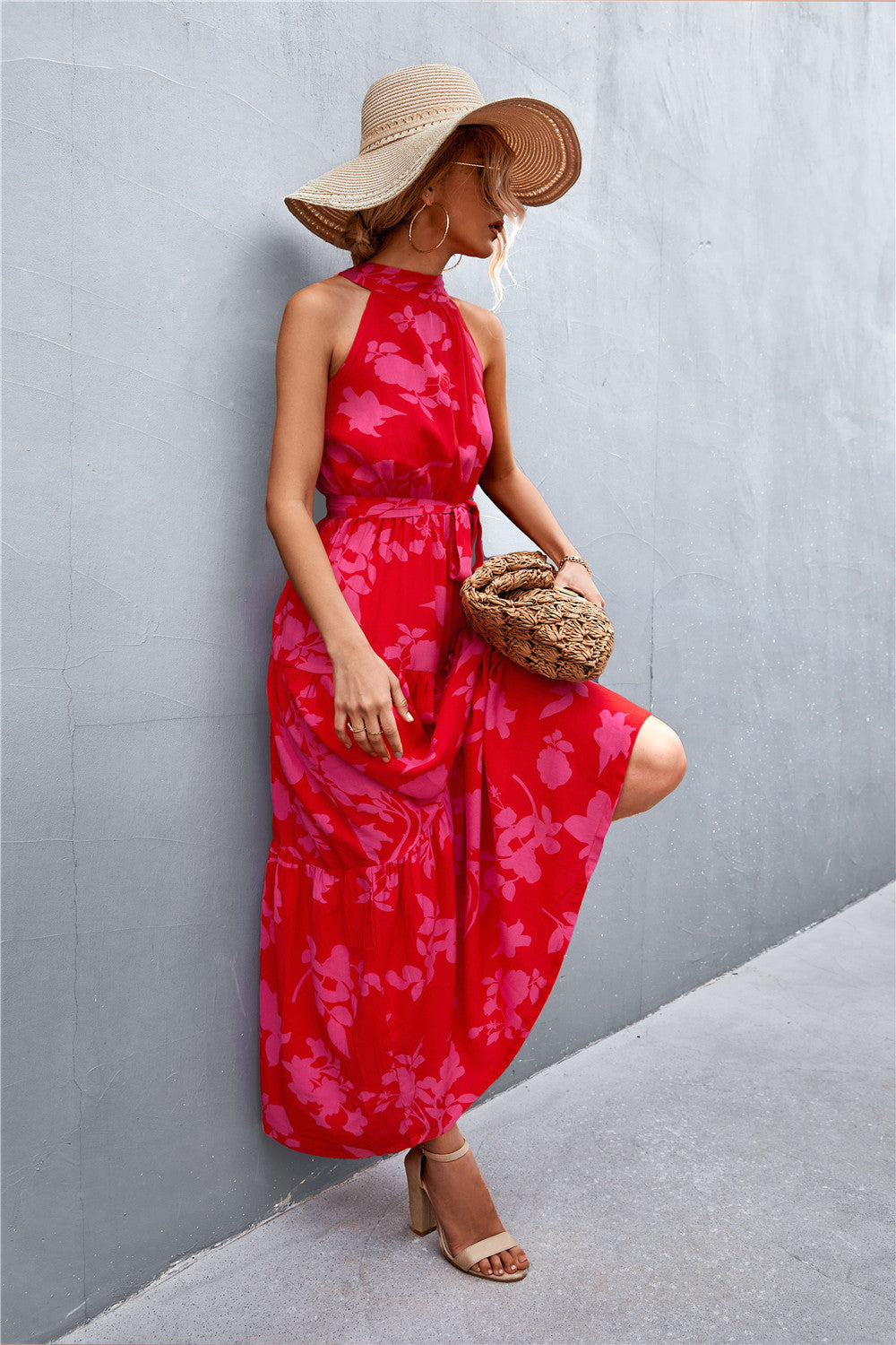 Printed Sleeveless Tie Waist Maxi Dress in Rose Floral in Rose/Floral