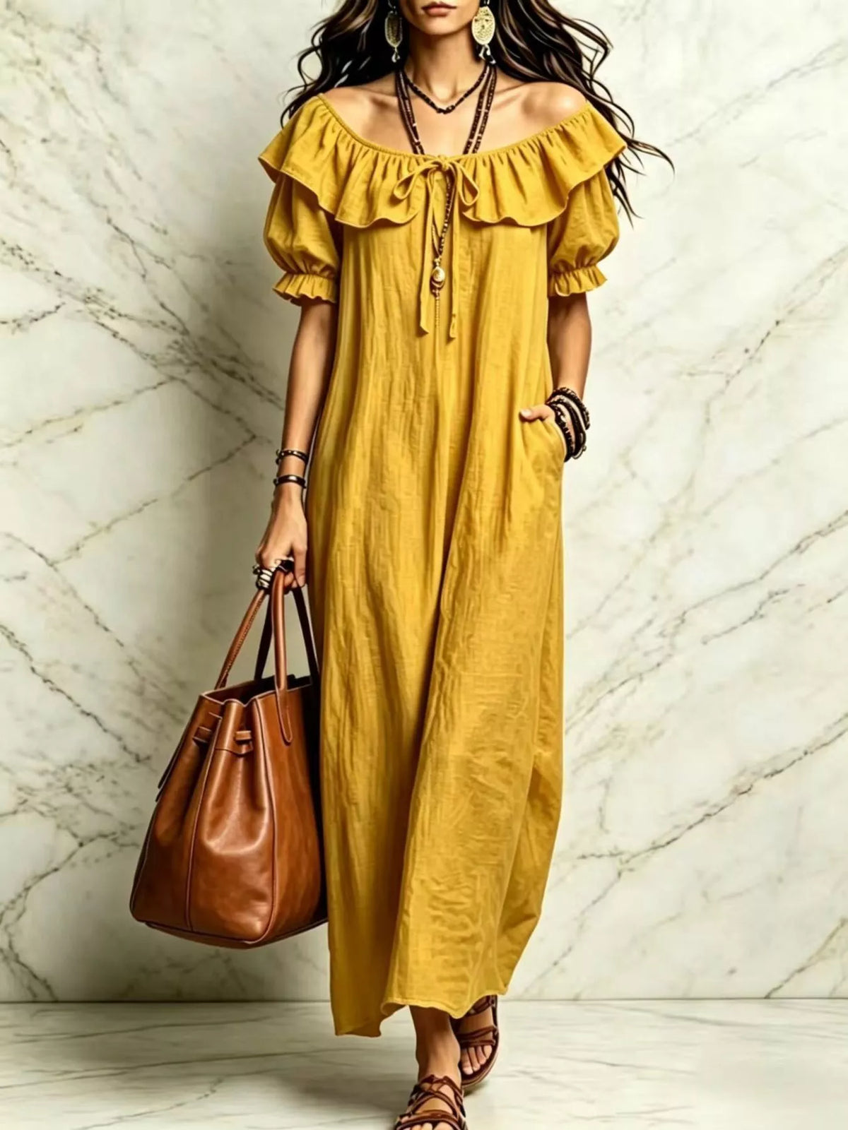 Puff Sleeve Ruffle Trim Maxi Dress