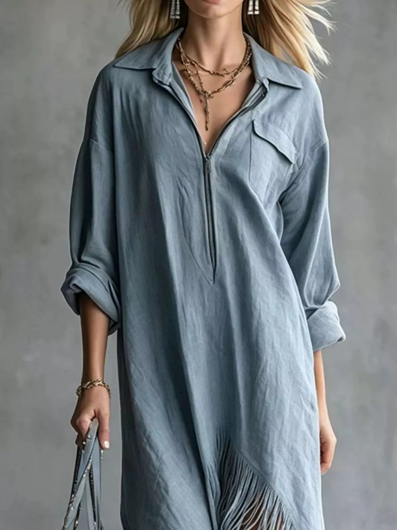 Fringe Hem Zip-Front Shirt Dress