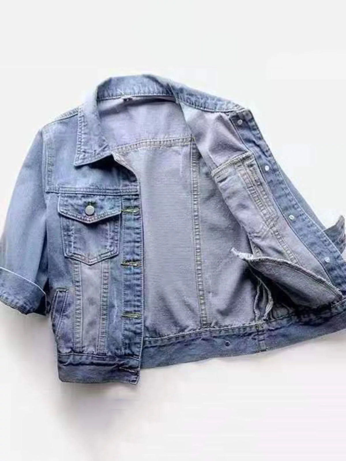 Distressed Mid-Sleeve Denim Jacket