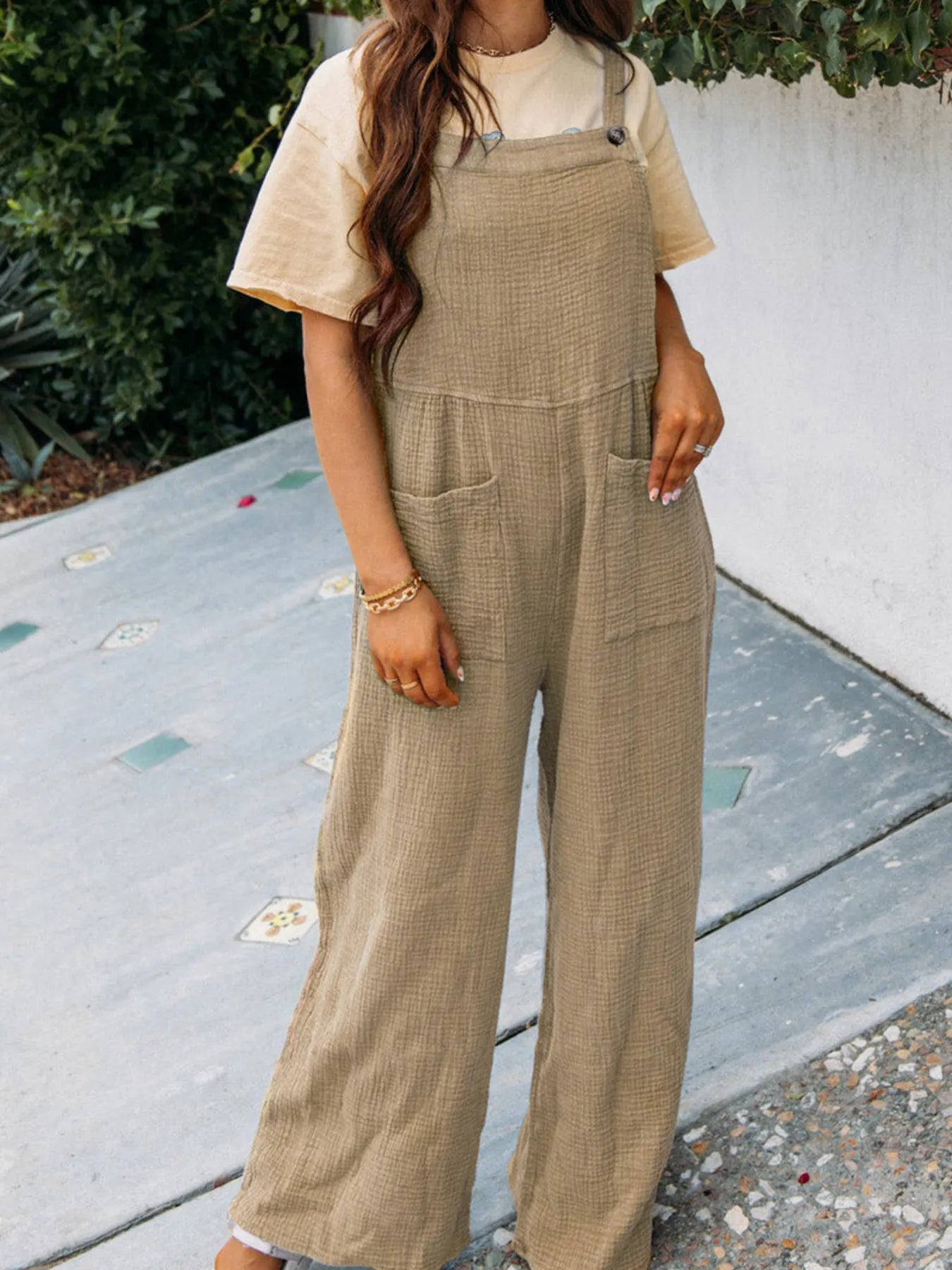 Textured Wide Leg Overalls