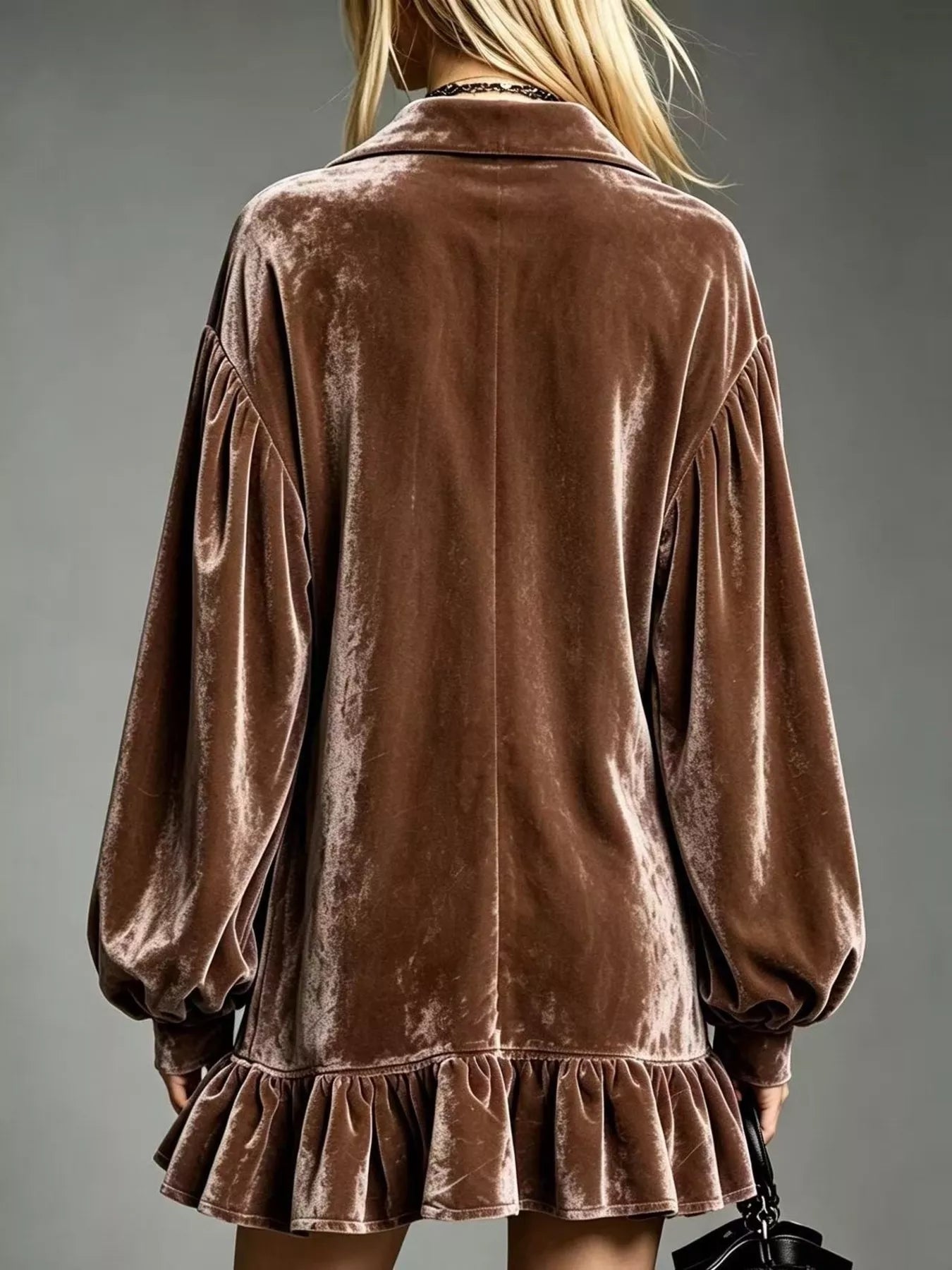 Velvet Ruffled-Hem Long Sleeve Dress